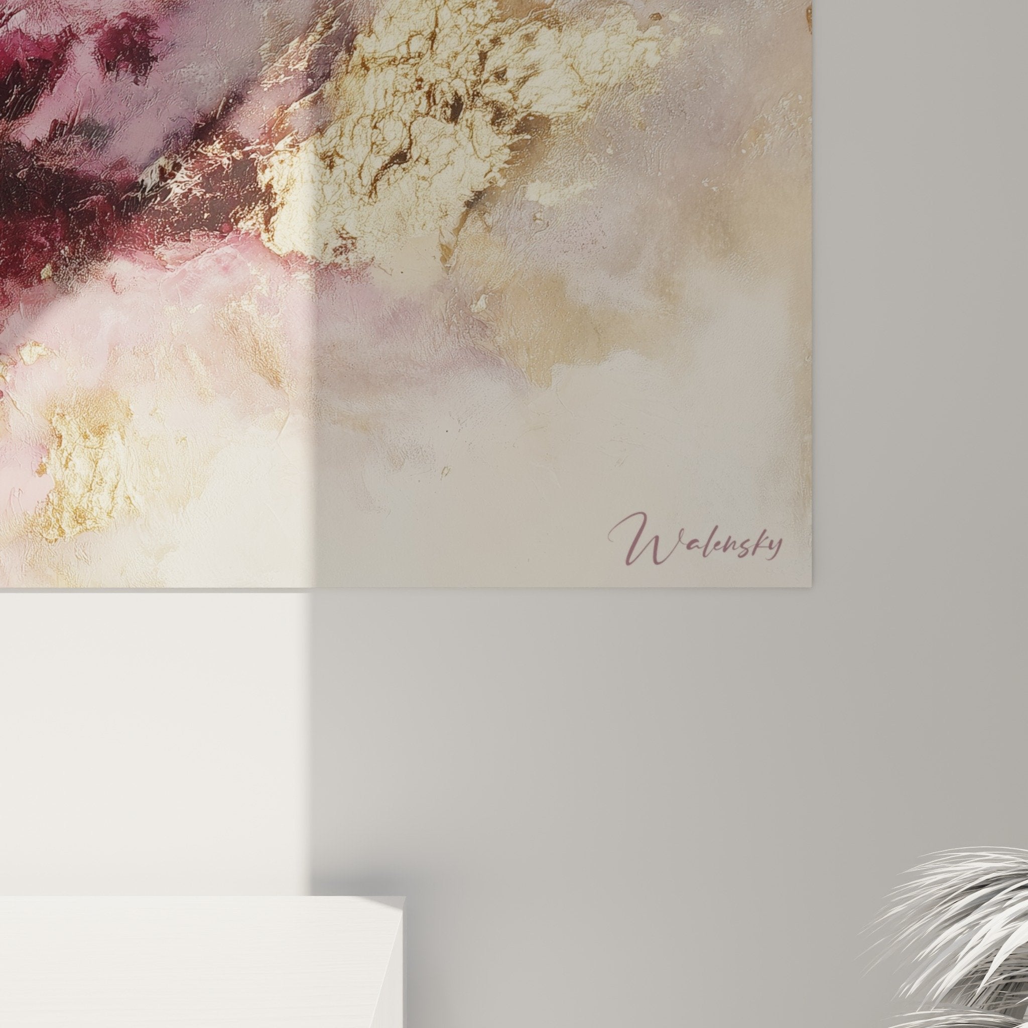 Vue ensemble tableau abstrait nuages roses dorés décoration murale feng shui sud-ouest terre