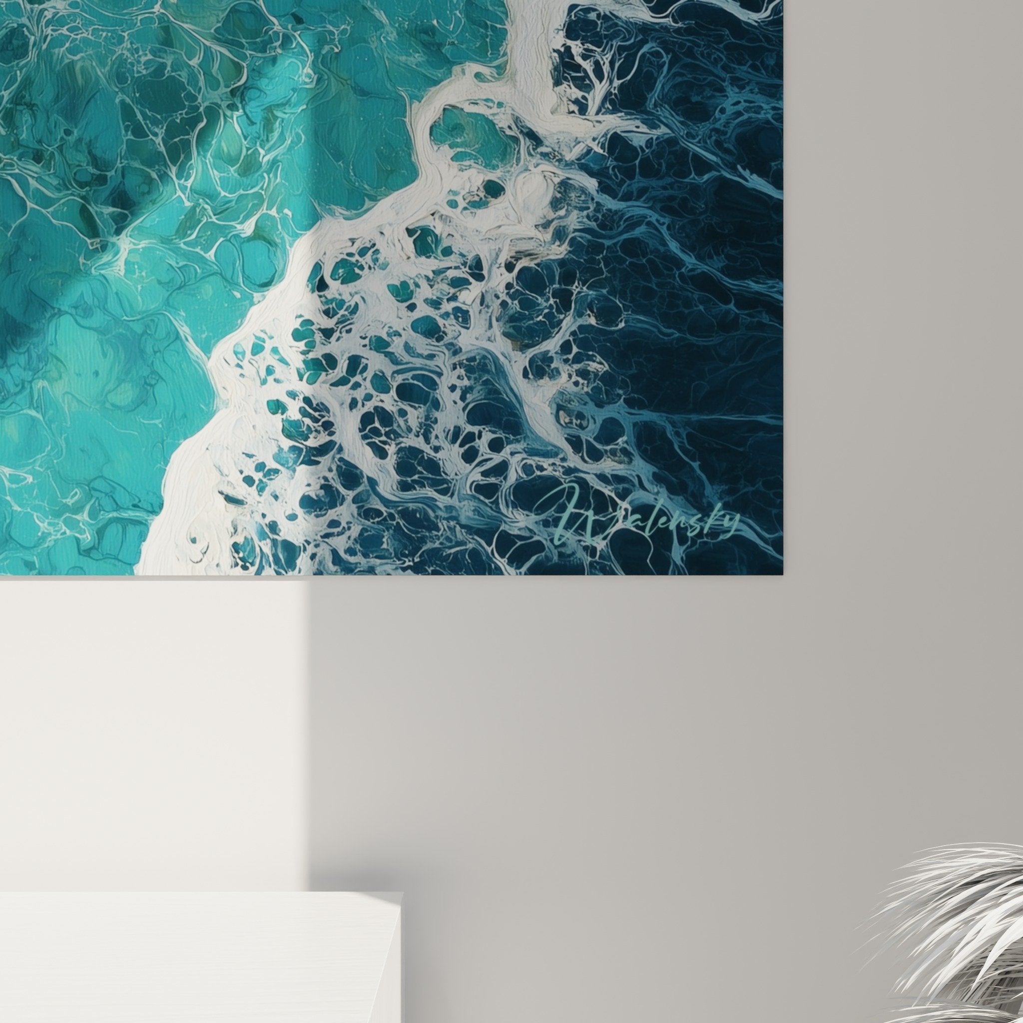 Ocean waves turquoise painting overview, aquatic wall art Feng shui North Water interior decoration
