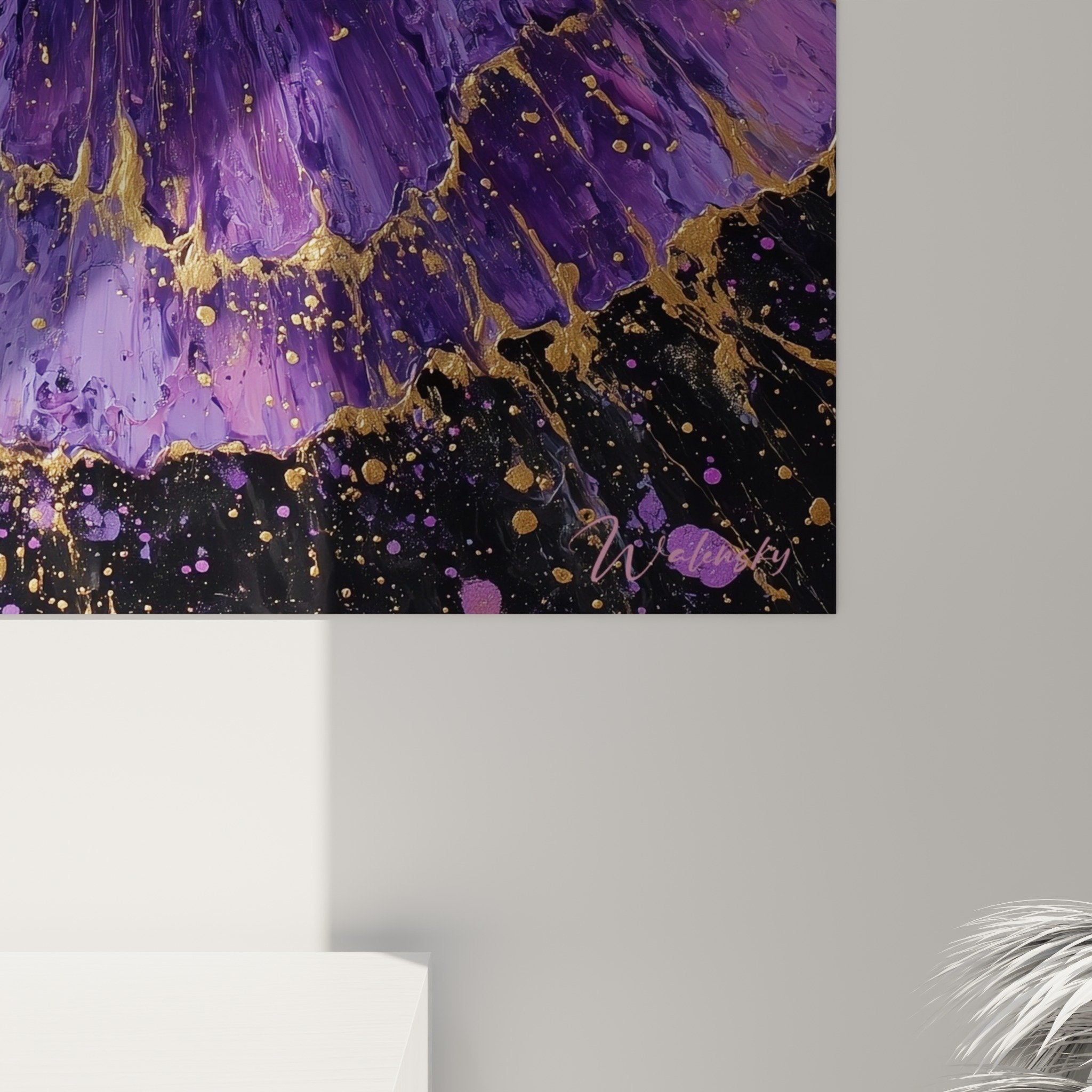 Full view cosmic eye purple gold artwork hanging on wall interior decoration feng shui