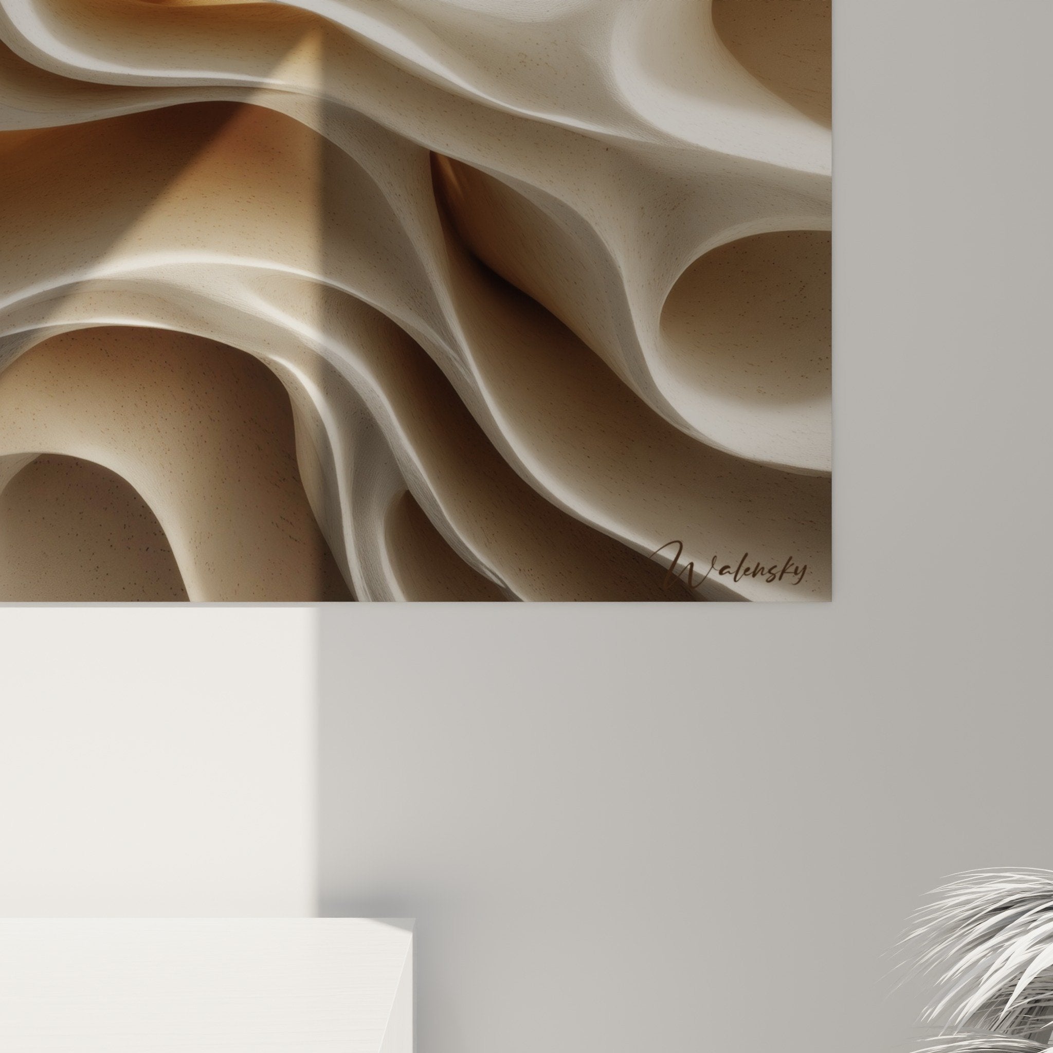 Vue ensemble tableau formes ondulantes beiges deco murale feng shui centre terre