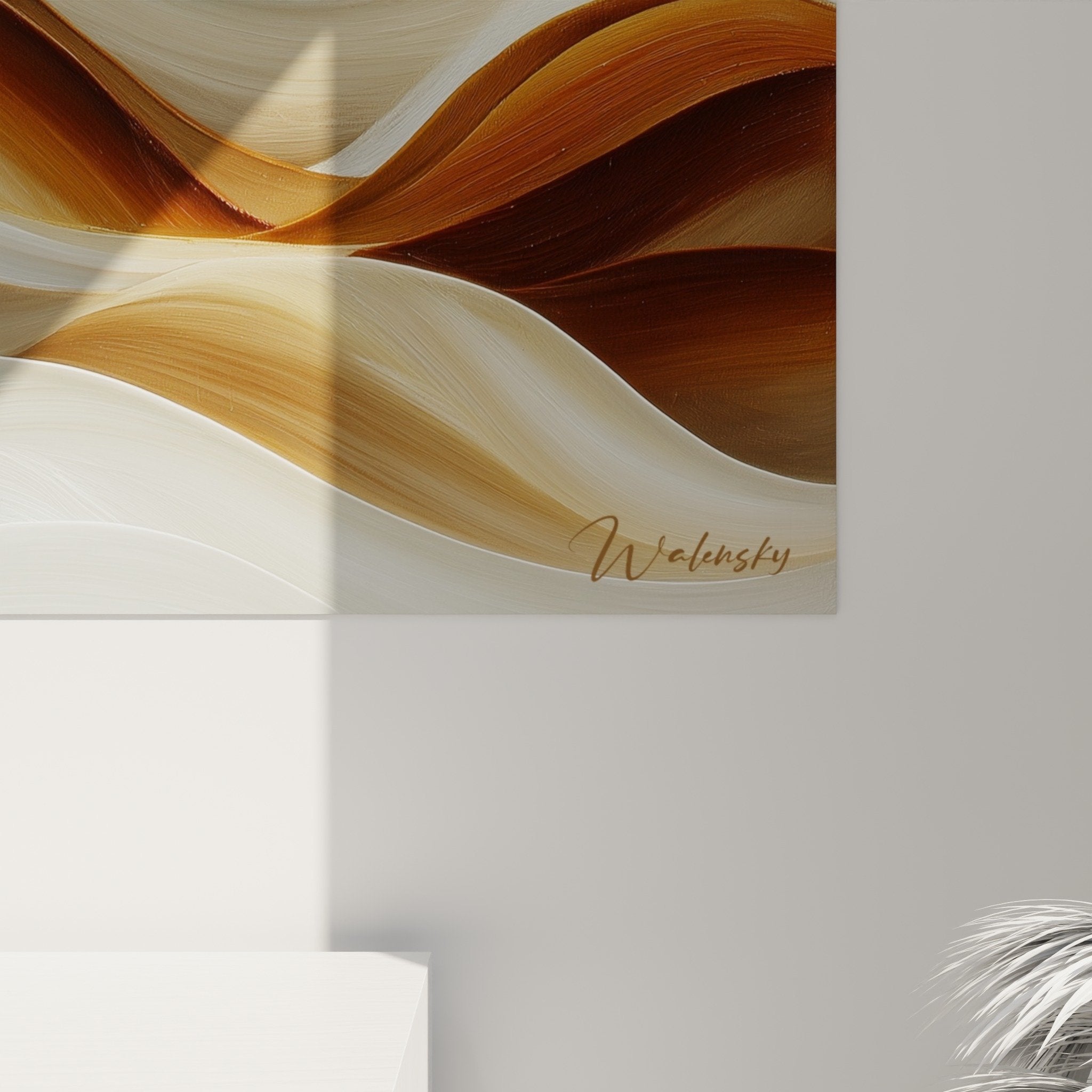 Vue ensemble tableau ondulations beige cuivre salon decoration feng shui centre terre