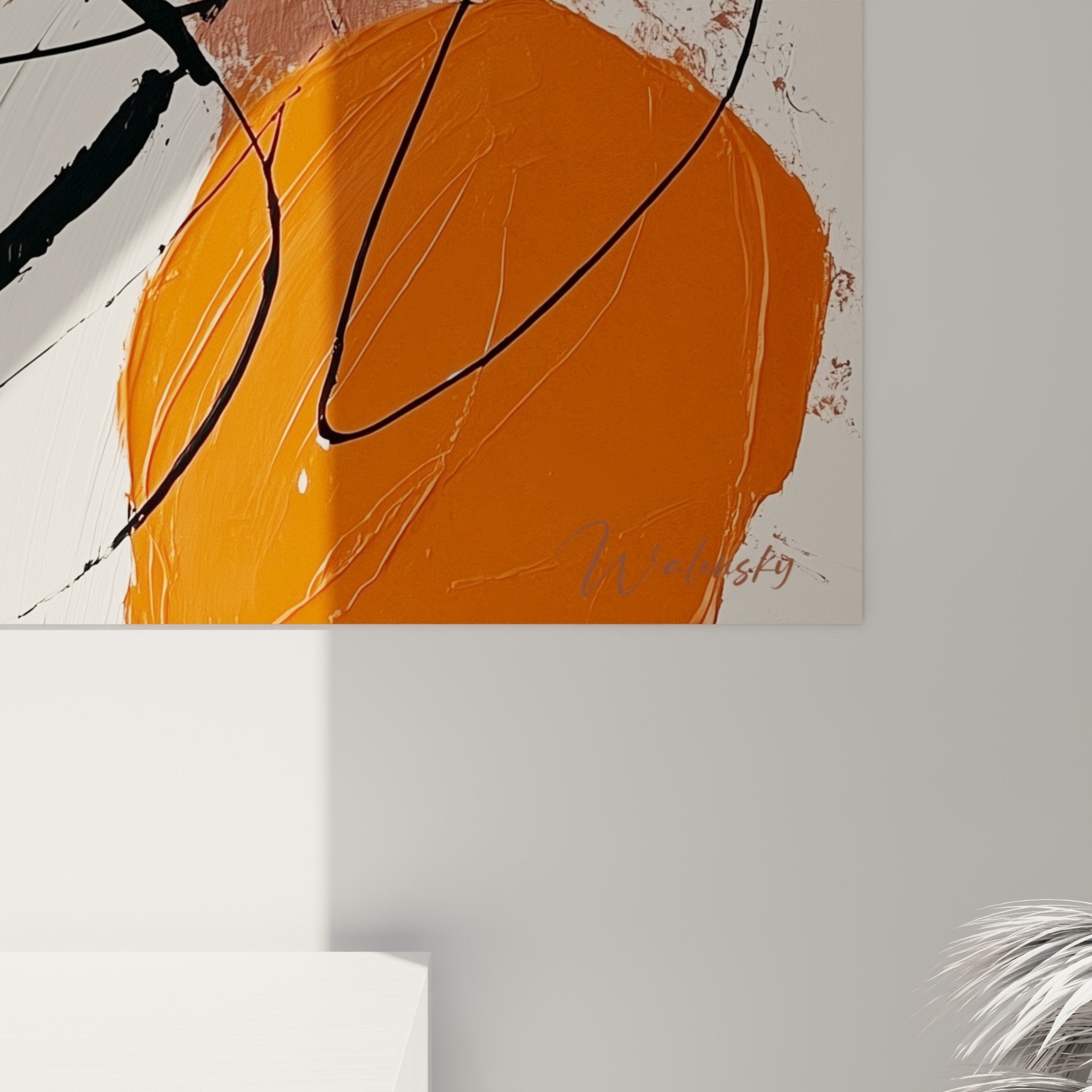 Overall view abstract orange geometric wall art, modern feng shui south fire wall decoration
