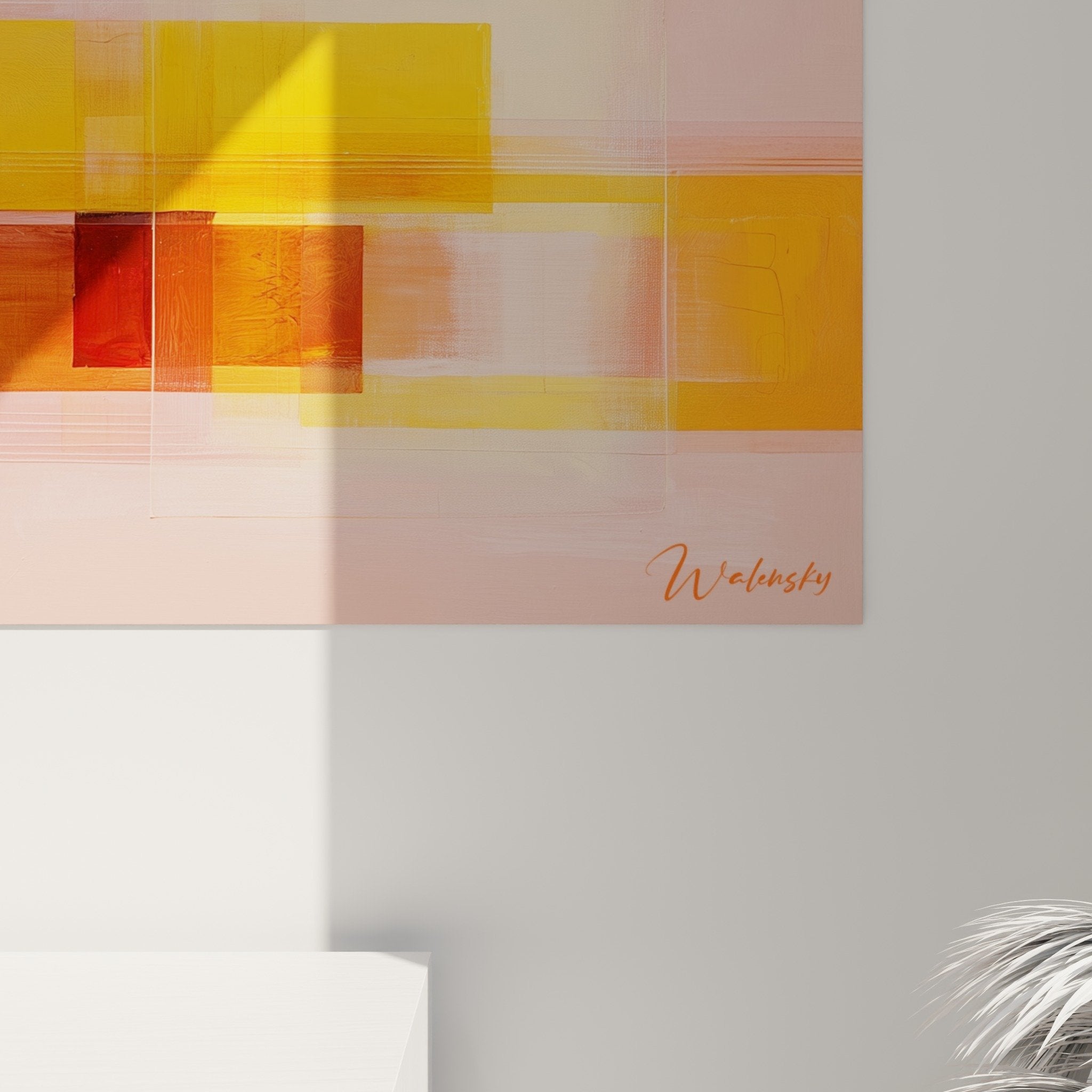Gesamtansicht abstraktes Gemälde Orange Rosa modernes Wohnzimmer Dekoration Feng Shui Südwesten Erde harmonisch