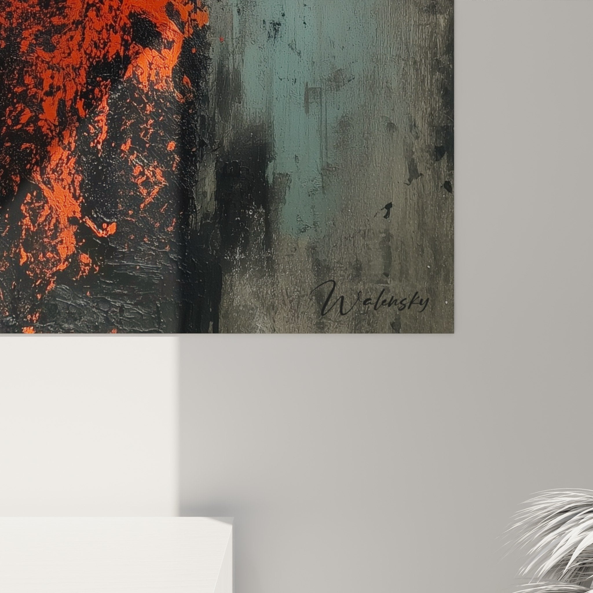 Gesamtansicht abstraktes Gemälde oranges Kreuz modernes Wohnzimmer Wanddekoration Feng Shui Süden Feuer