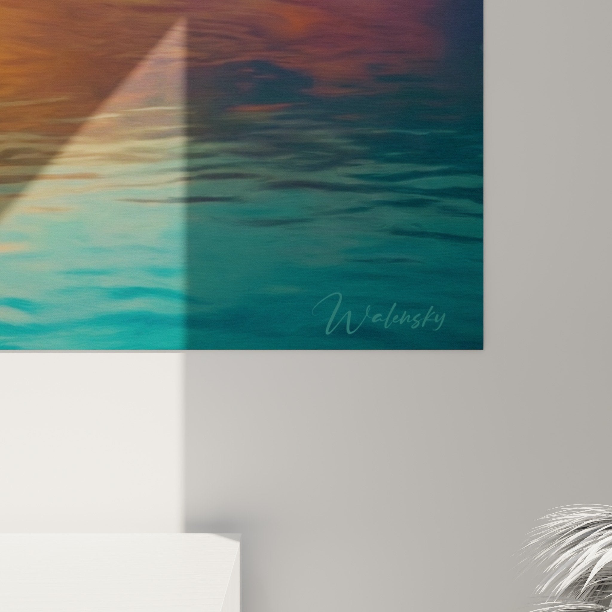 Vue ensemble tableau paddle tropical salon decoration murale coucher soleil orange turquoise