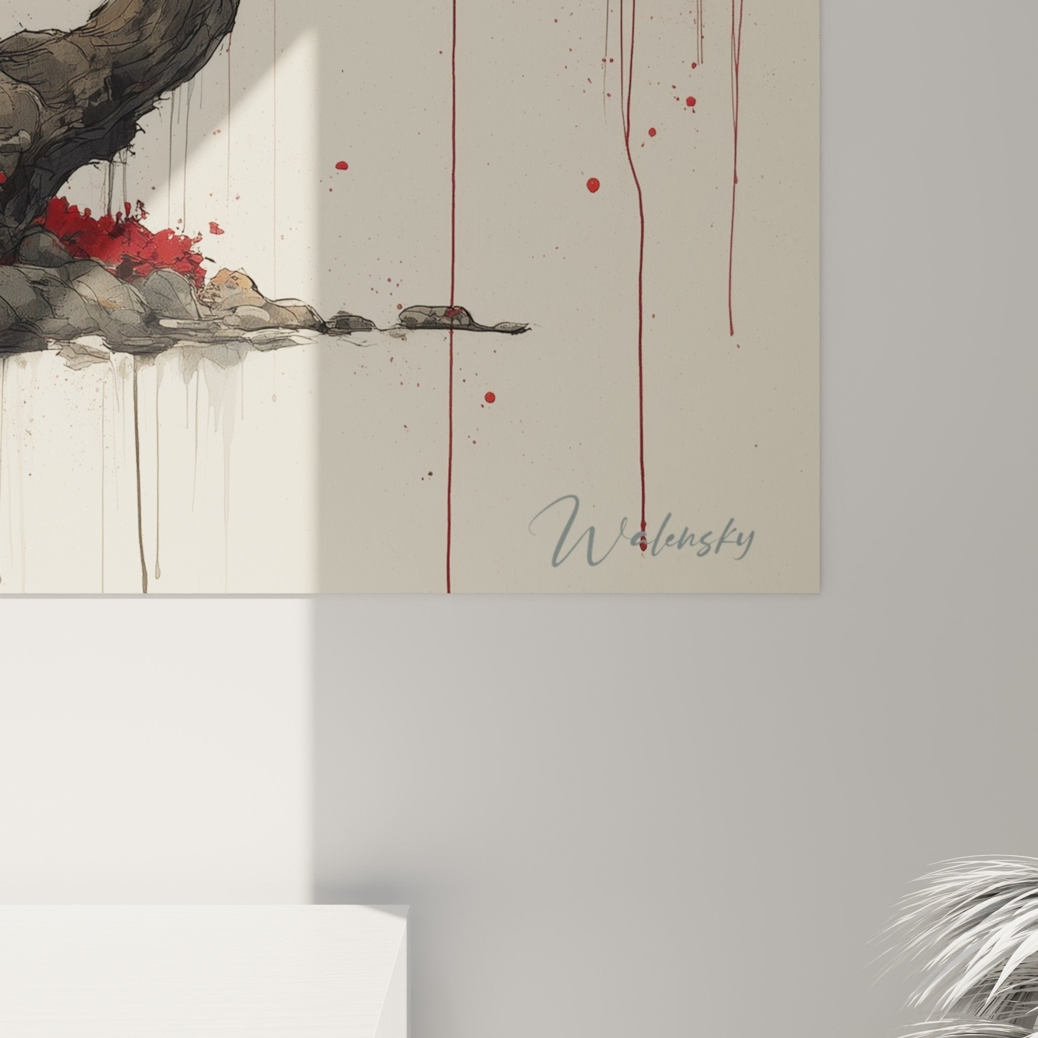 Full view pagoda painting cherry tree red orange rocky formations blue art wall