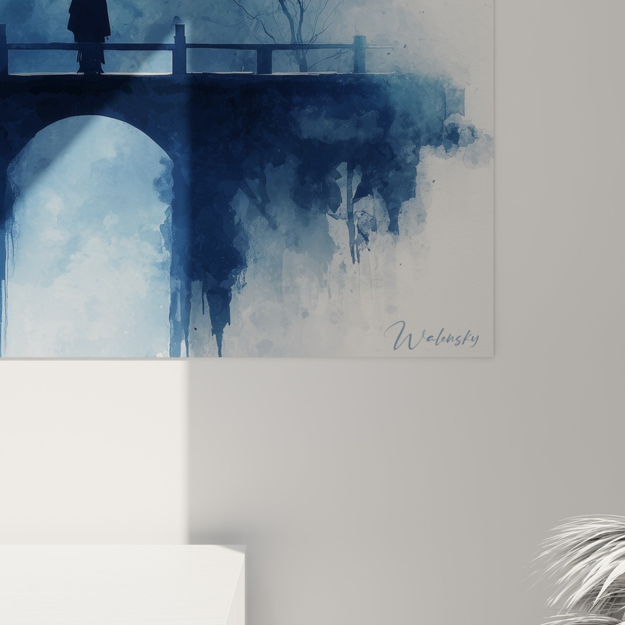 Vue ensemble tableau pagode bleue silhouette contemplative pont pierre lune blanche brume indigo art mural zen