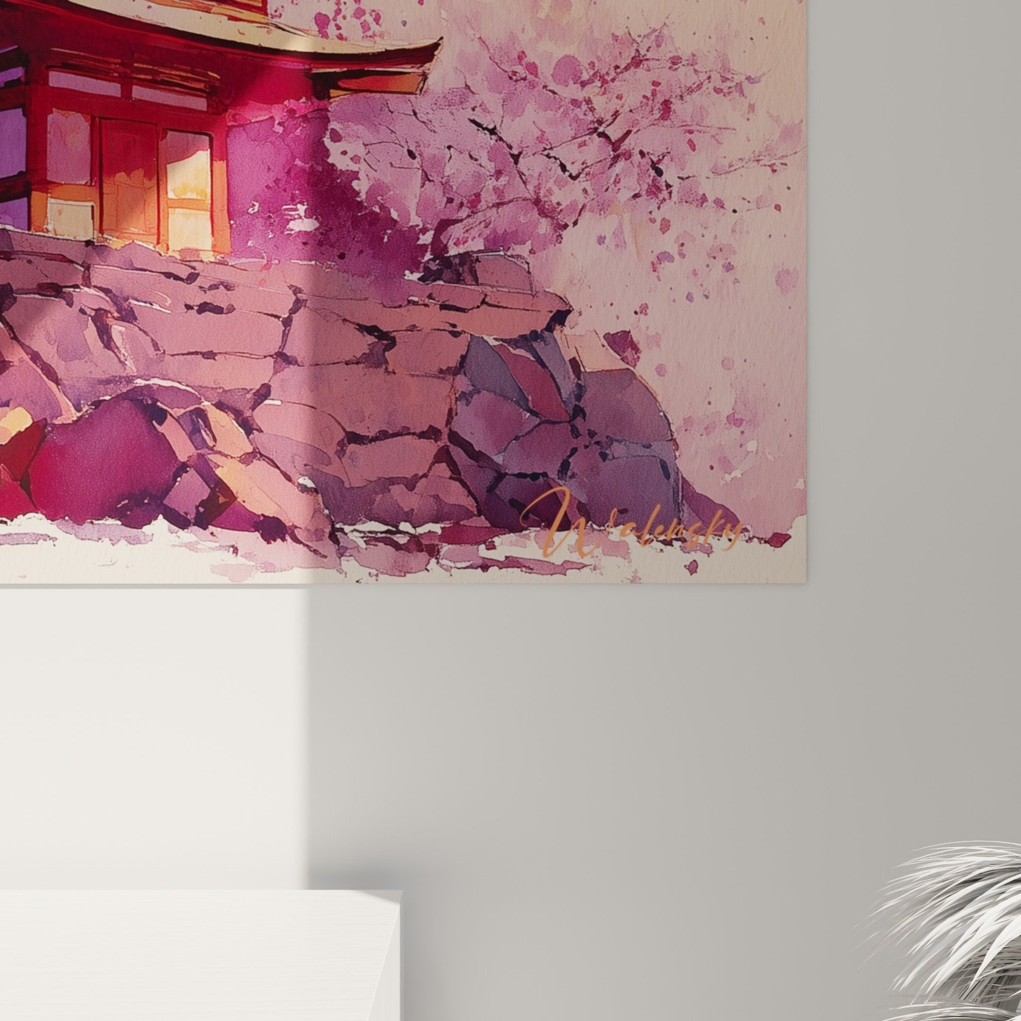 Japanese pagoda painting with cherry blossoms and Mount Fuji interior zen decoration overview