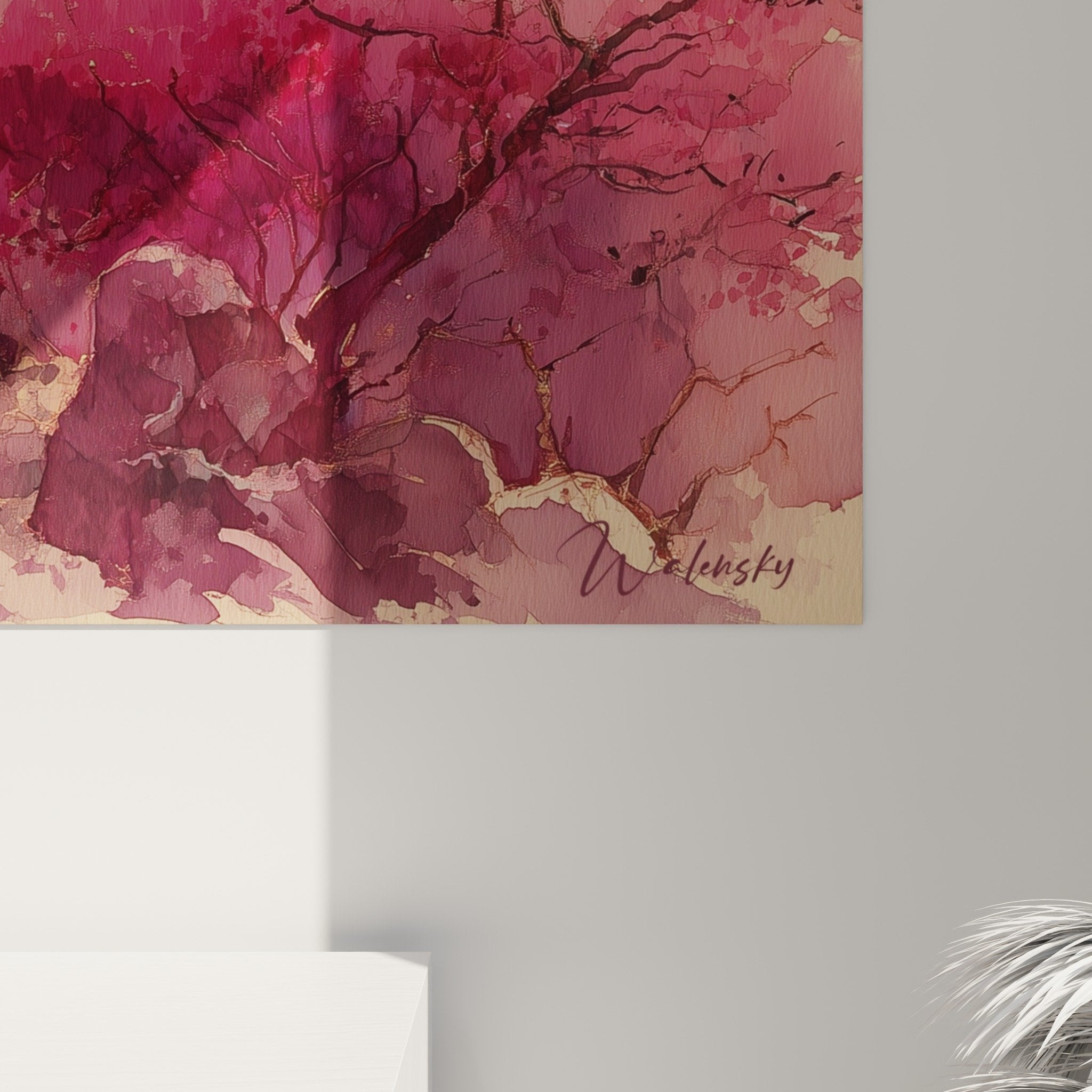 Japanese pagoda painting with cherry blossoms Mount Fuji wall art Asian interior decor