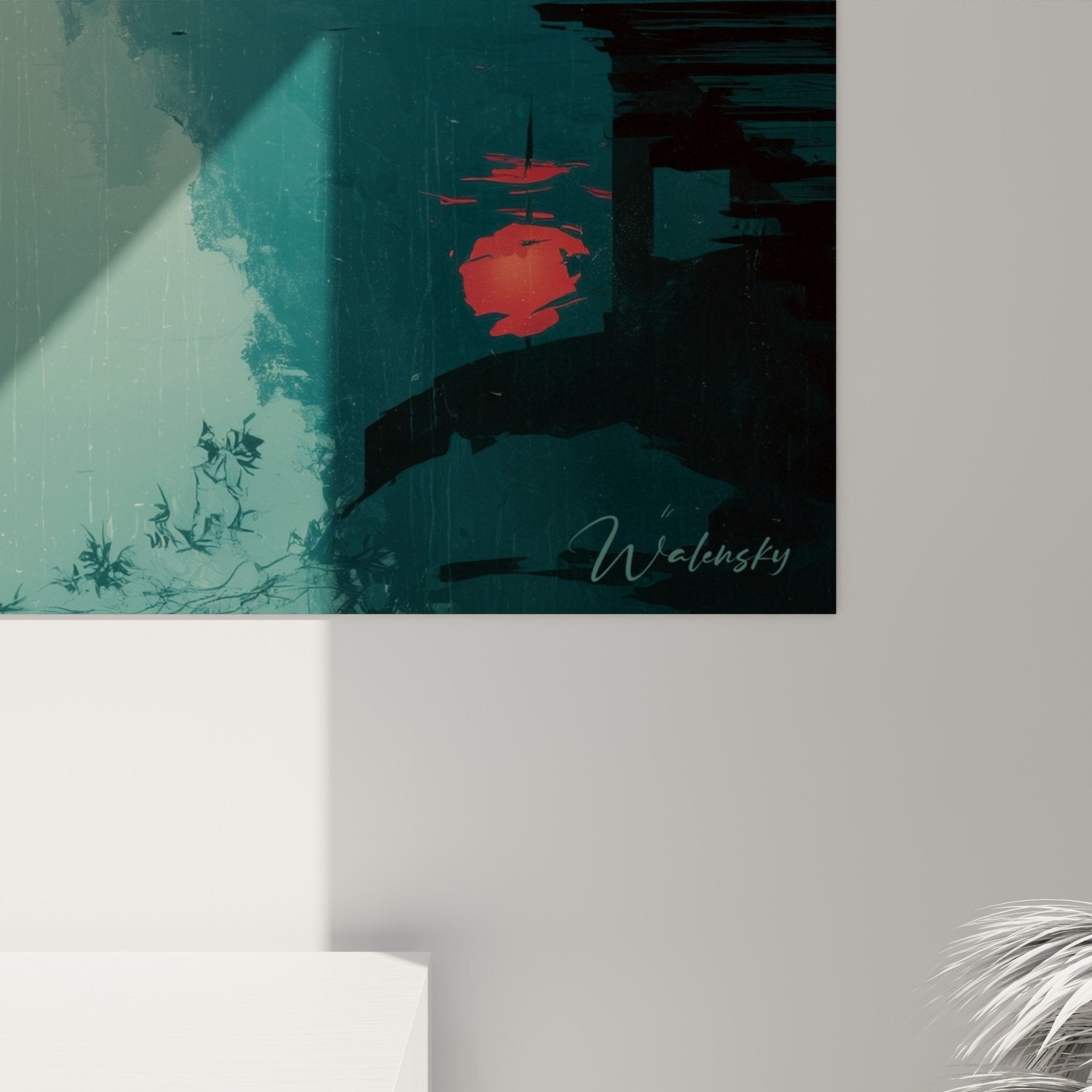 Vue ensemble tableau mural pagode silhouette meditation barque brume matinale tons bleus turquoise