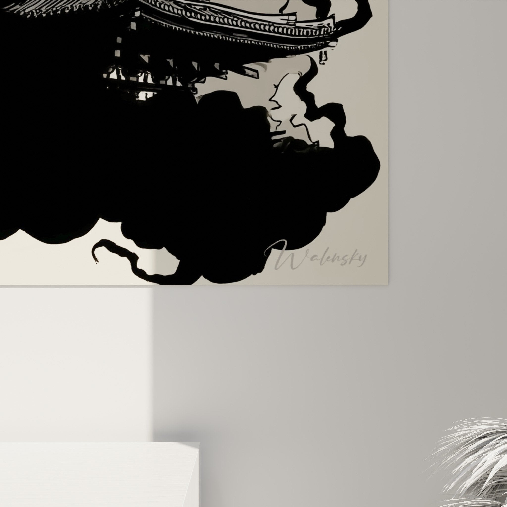 Vue d'ensemble tableau mural pagode mystique tons beige noir décoration asiatique contemporaine