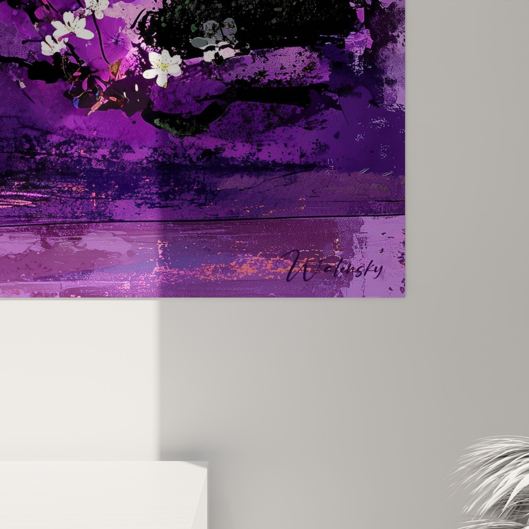 Overall view pagoda painting sunset pink purple palette harmonious composition contemporary oriental art