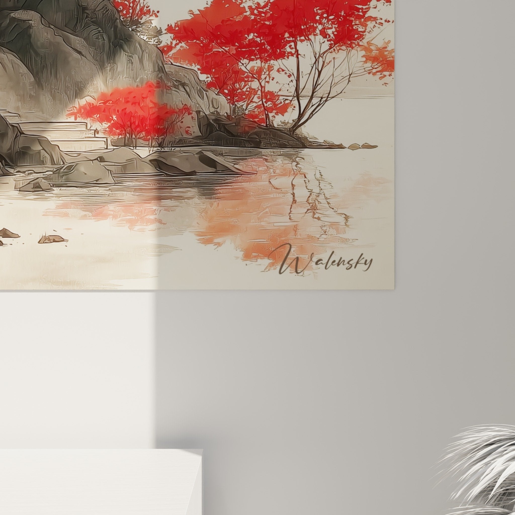 Vue ensemble tableau pagode rouge paysage japonais montagne brumeuse décoration murale zen