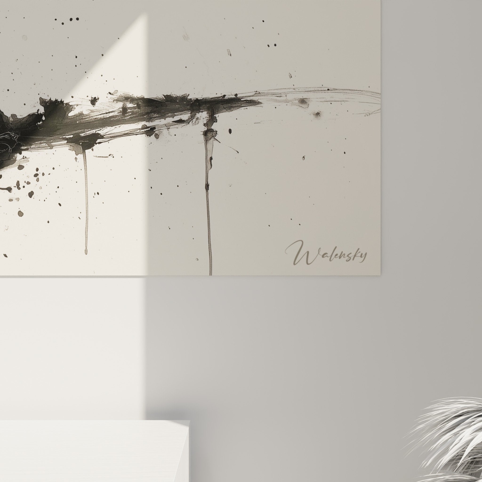 Panoramic pagoda storm painting black ink on beige canvas wall art overview