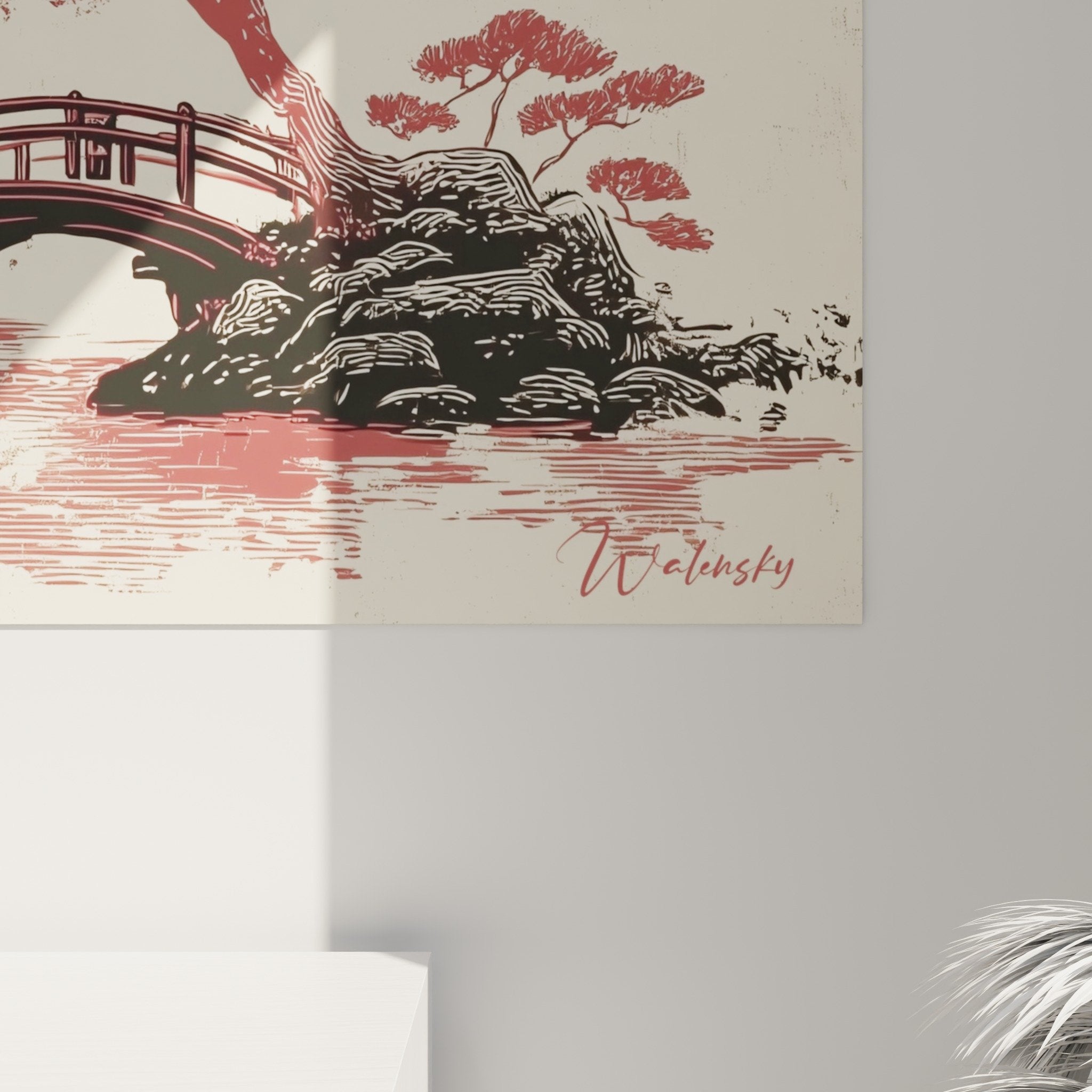 vue ensemble tableau pagode temple oriental rouge noir decoration interieur style zen asiatique