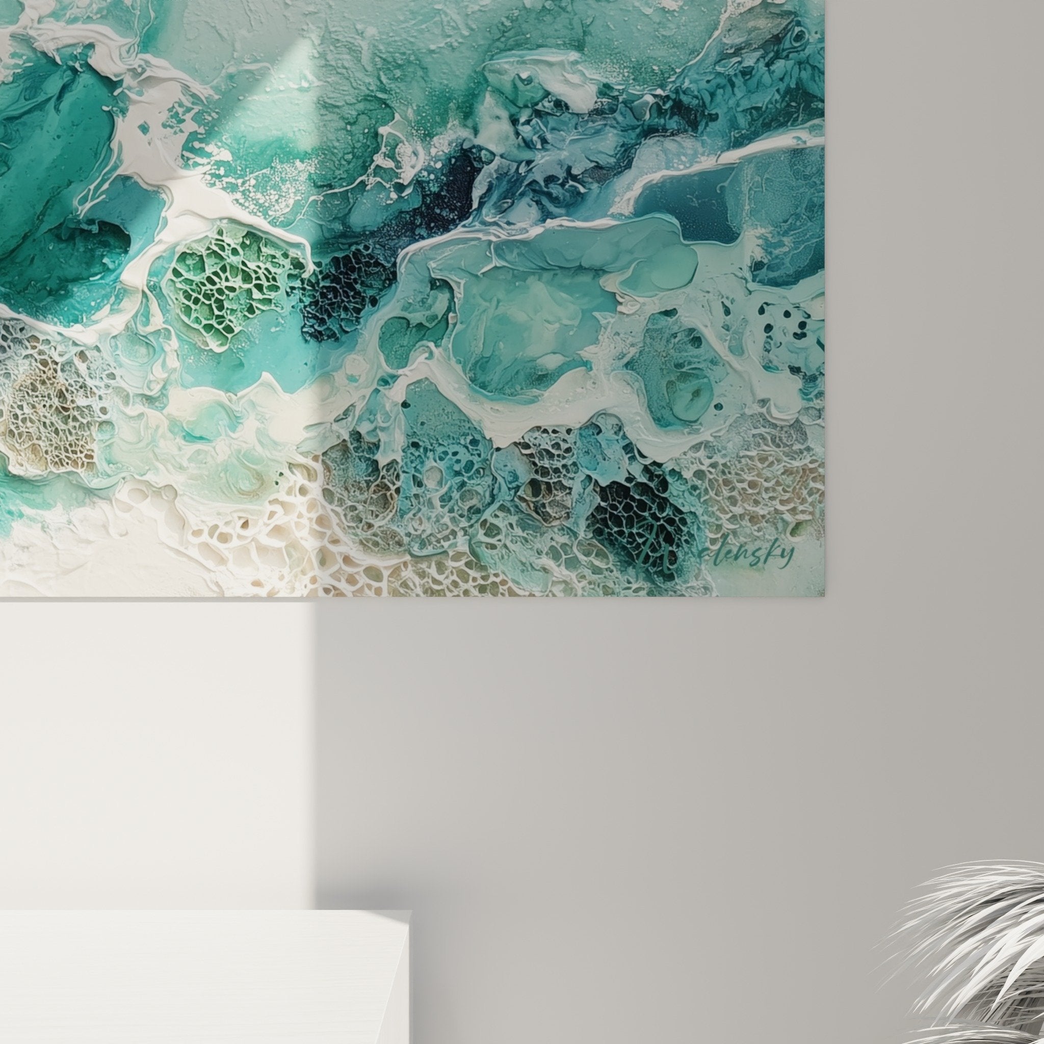 Panoramic abstract turquoise and white wall art feng shui north water element decor