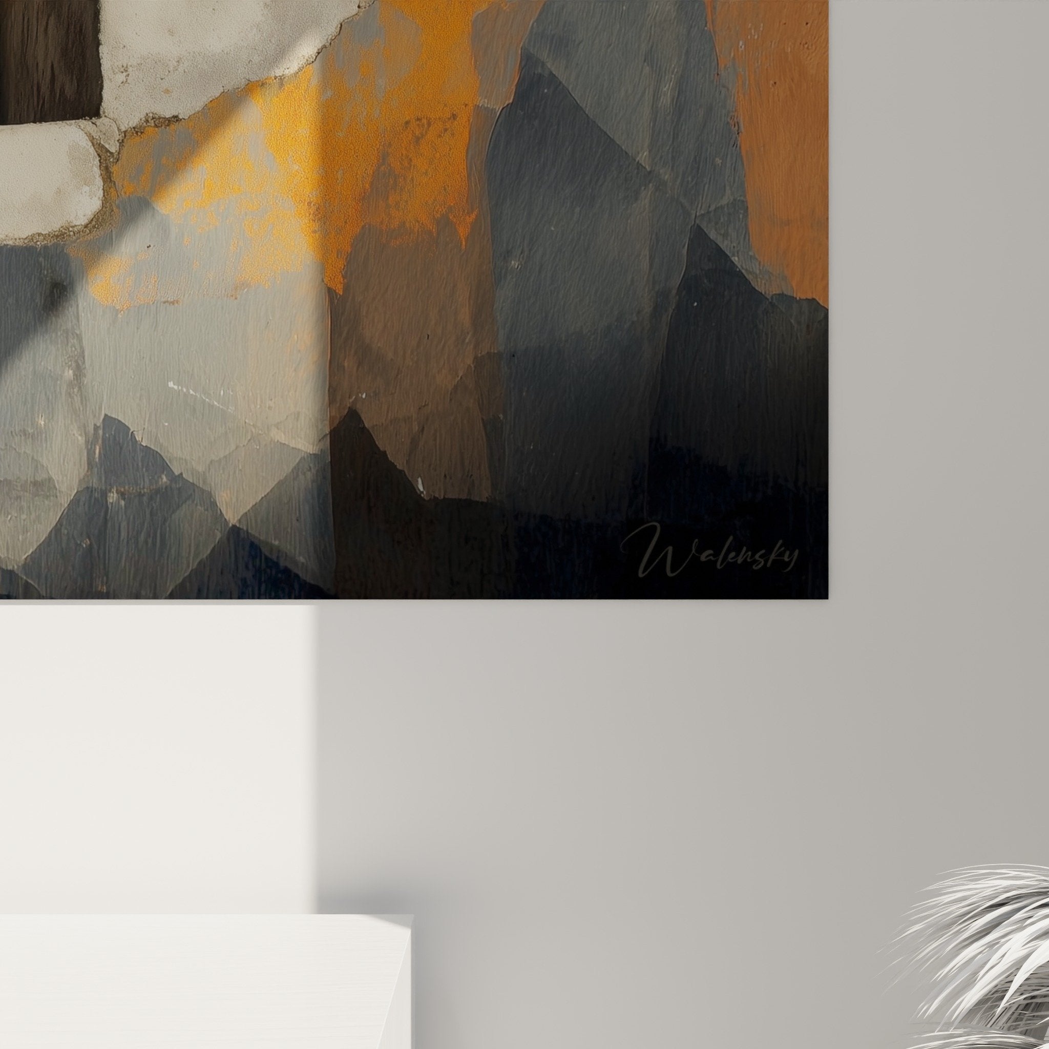 Vue ensemble tableau panoramique coquelicot escalier architecture deco salon moderne orange beige