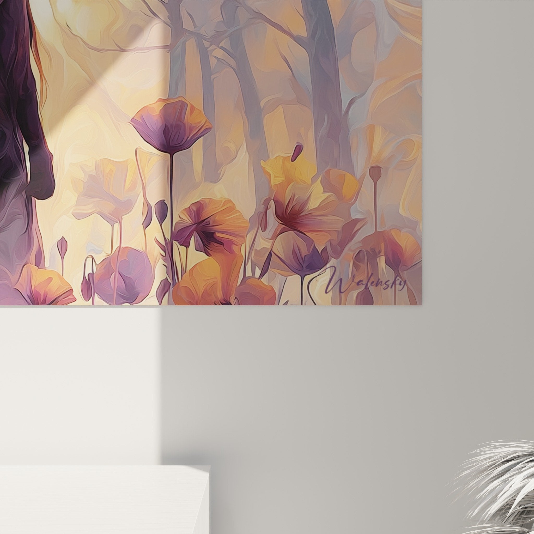 Vue ensemble tableau panoramique femme coquelicots colorés salon moderne décoration art floral mural tendance
