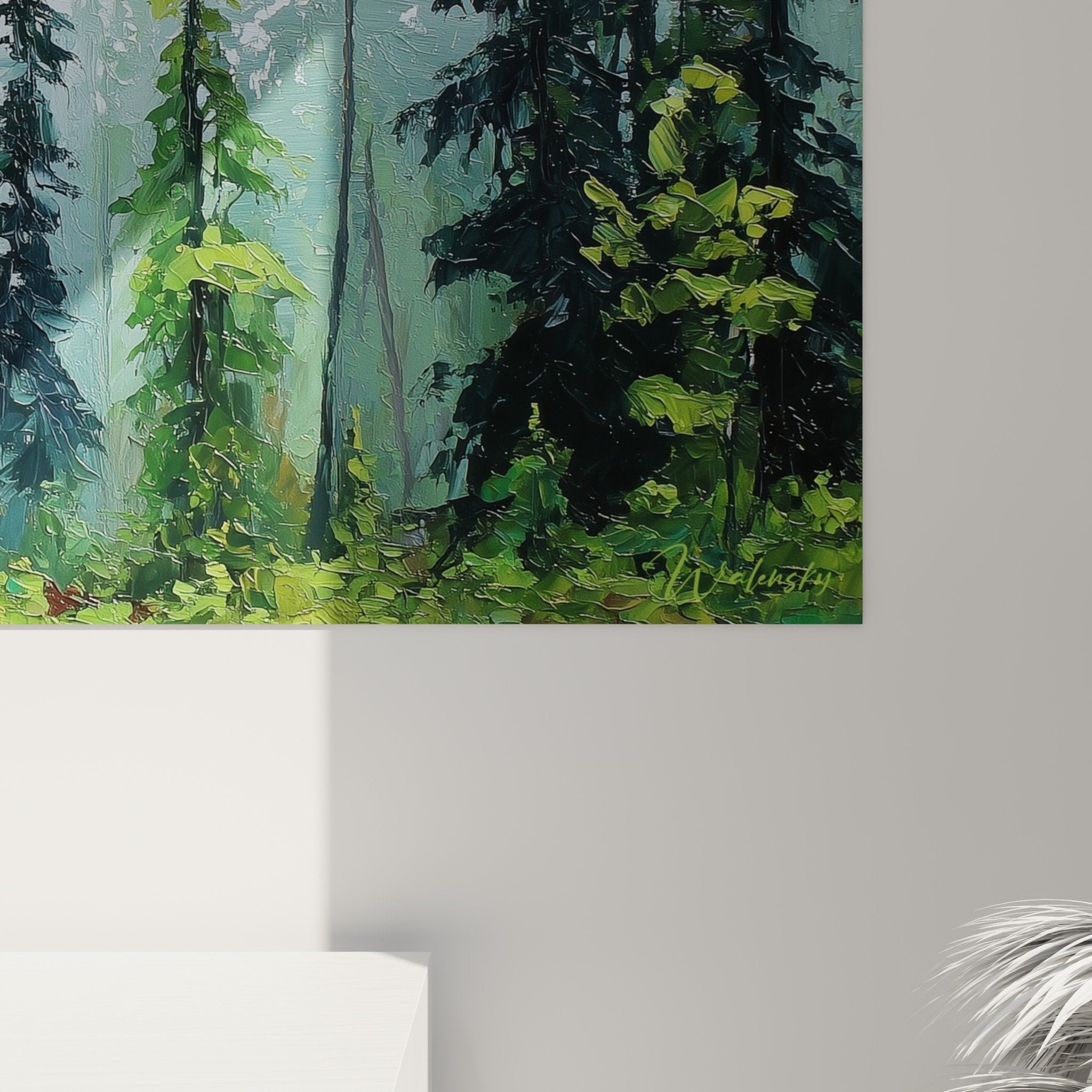 Vue ensemble tableau panoramique foret coniferes brume decoration feng shui est bois