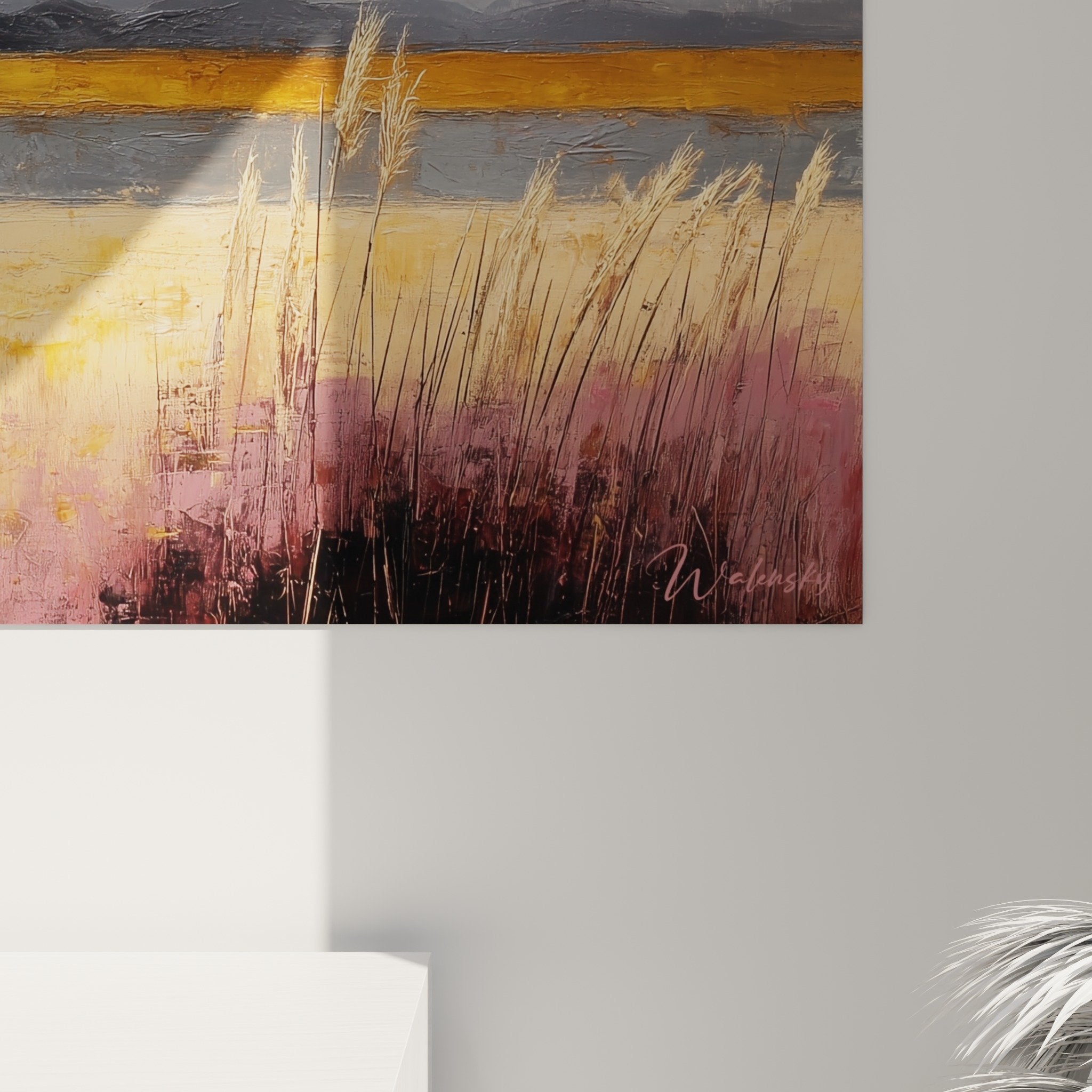 Gesamtansicht Panorama-Wandbild Gräser Sumpflandschaft Sonnenuntergang moderne Wanddekoration