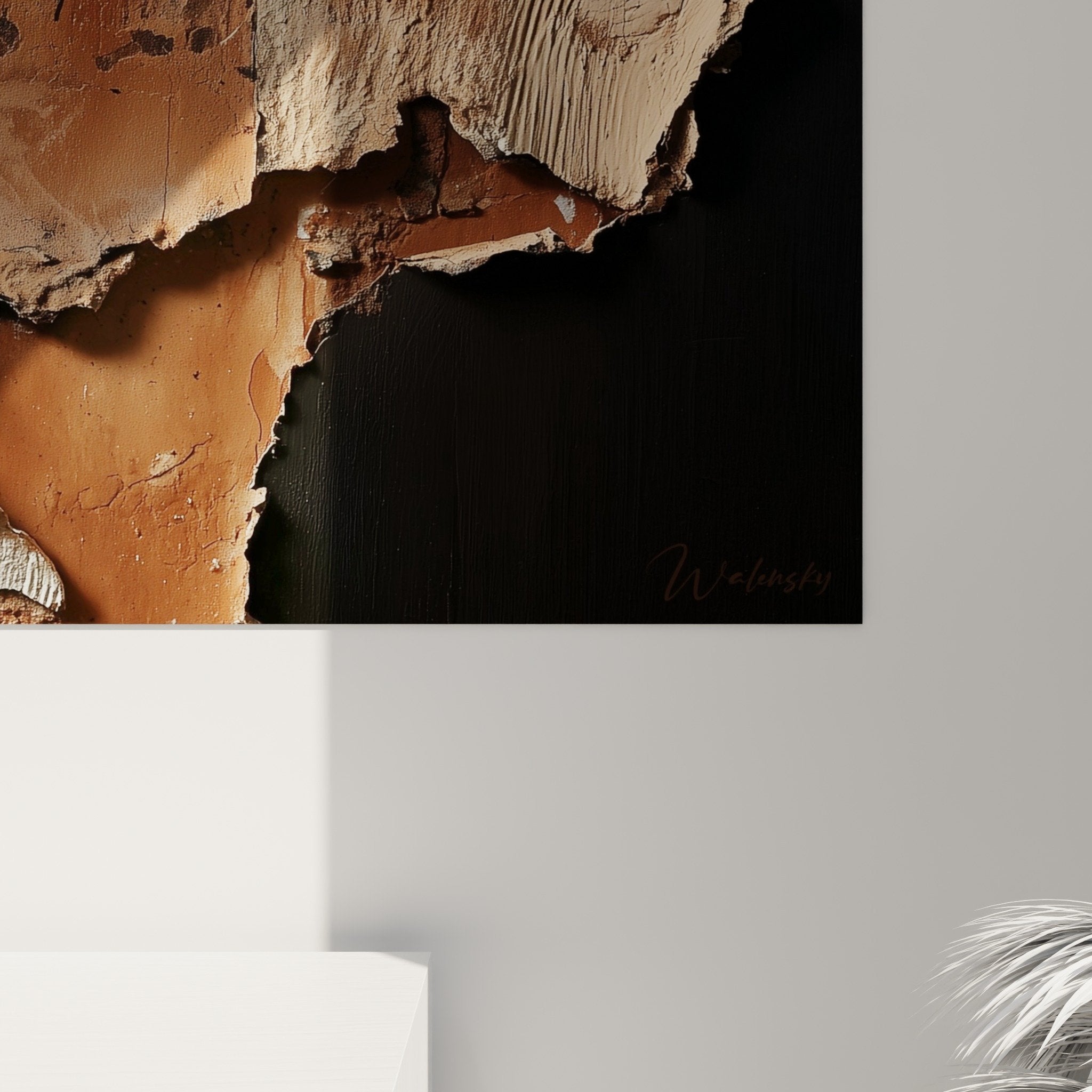 Panoramic textured wall art with earth and white tones, modern zen wall decoration overview