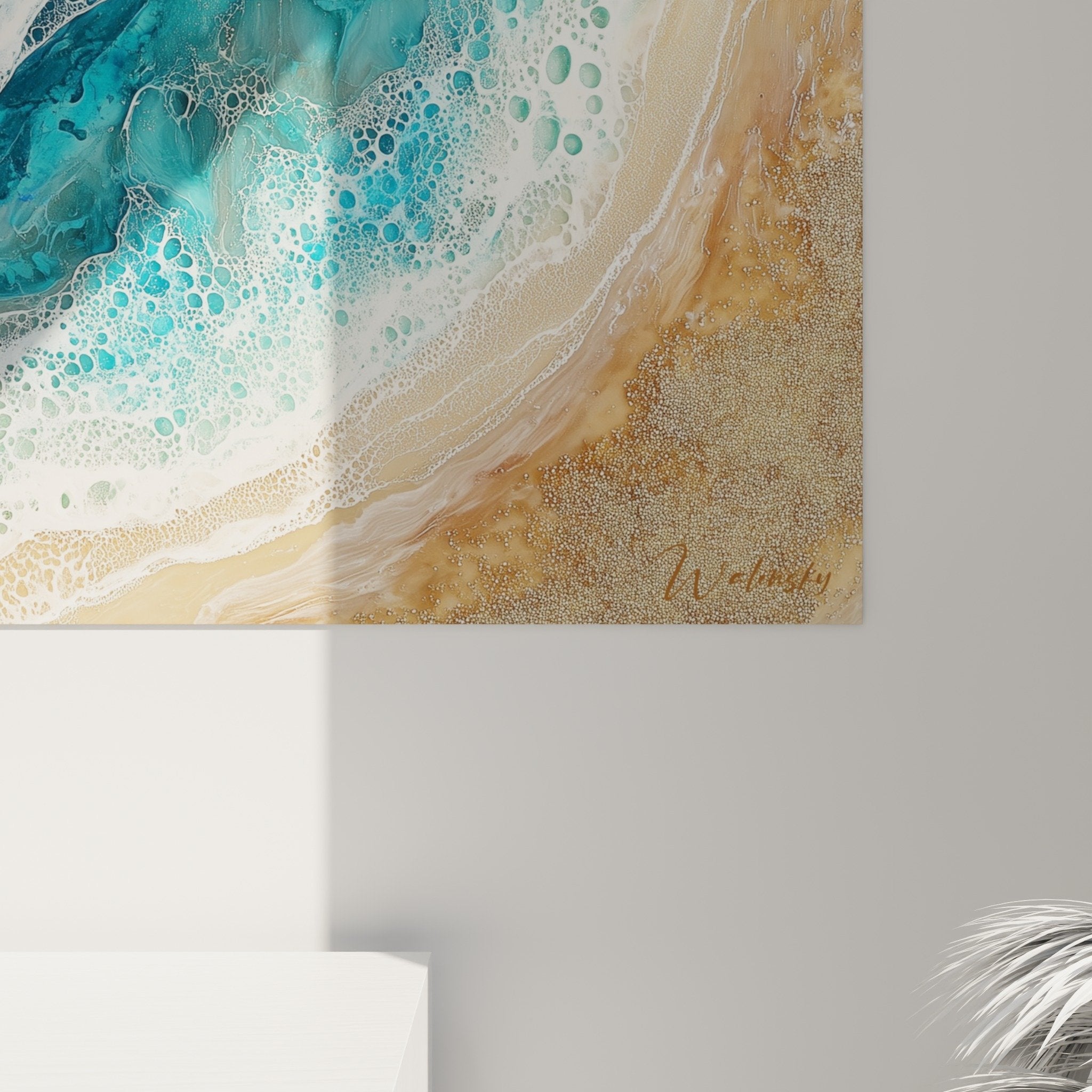 Overall view panoramic waves artwork aquatic decoration modern living room