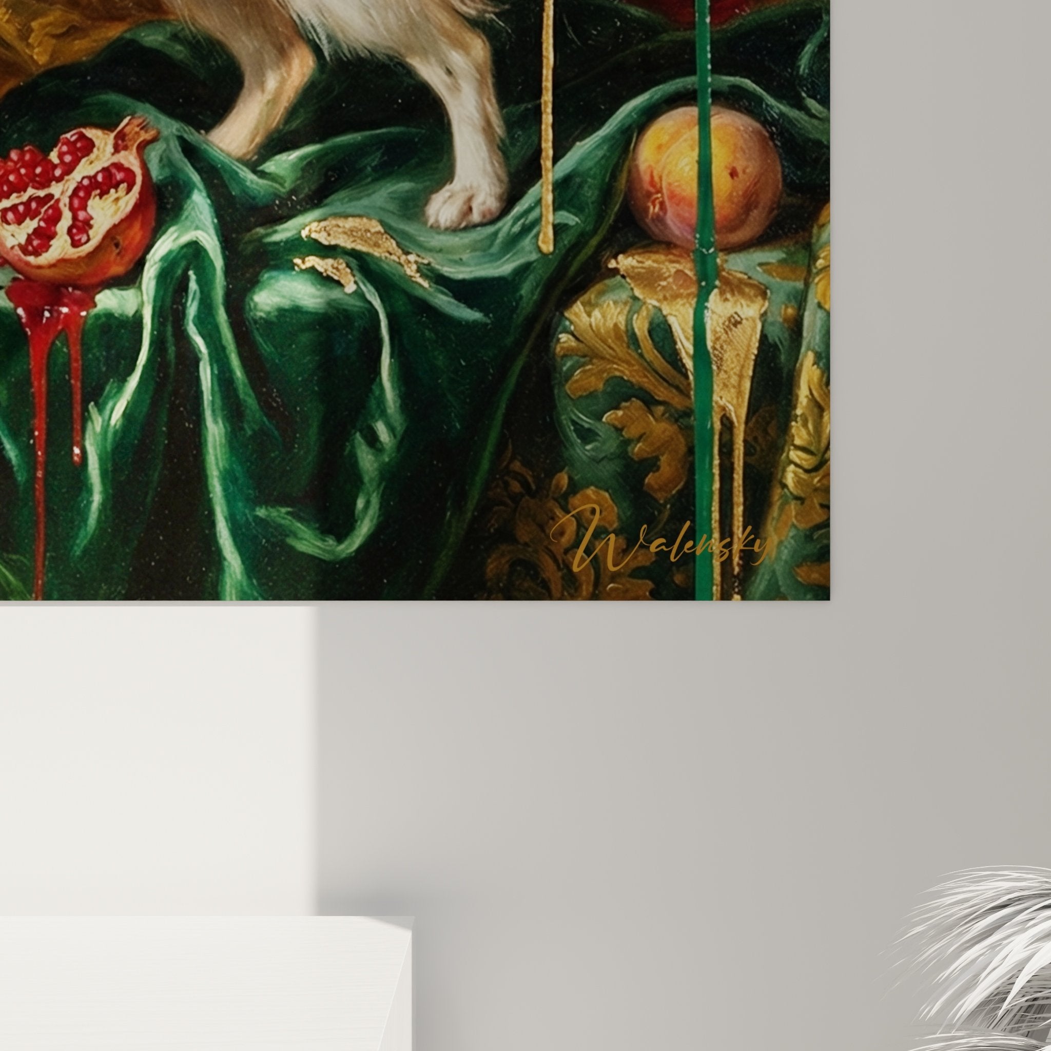 Vue ensemble tableau nature morte chien Papillon drapés velours composition artistique baroque intérieur