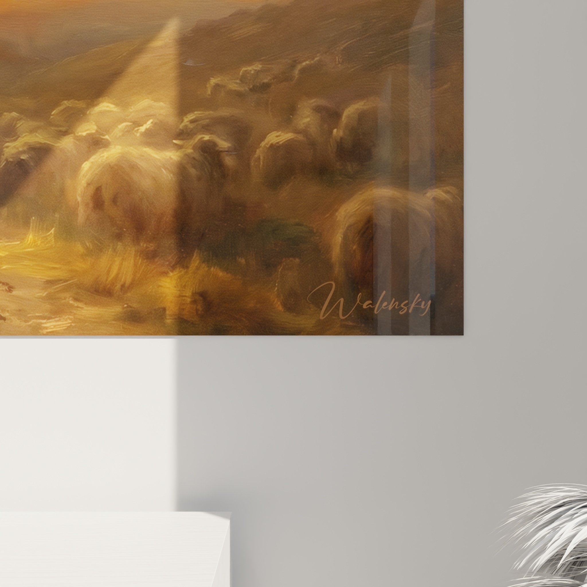Vue ensemble tableau pastoral berger collie troupeau paysage montagneux tons dorés art mural décoratif