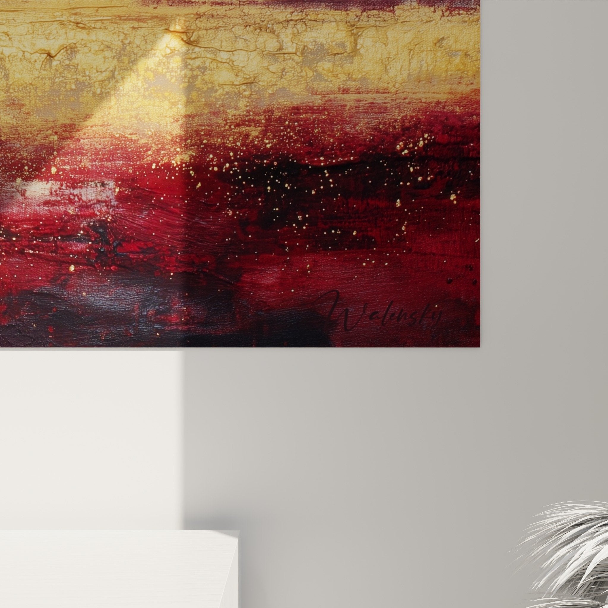 Vue ensemble tableau abstrait paysage dore bordeaux decoration interieure feng shui sud feu salon
