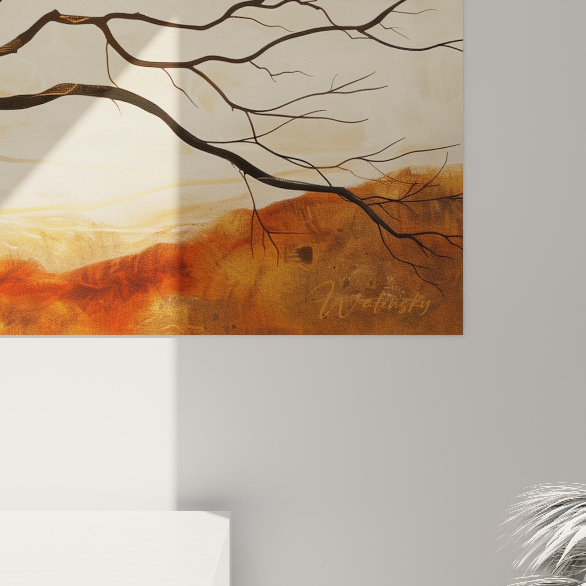 overall view African landscape artwork solitary tree living room decoration natural warm tones