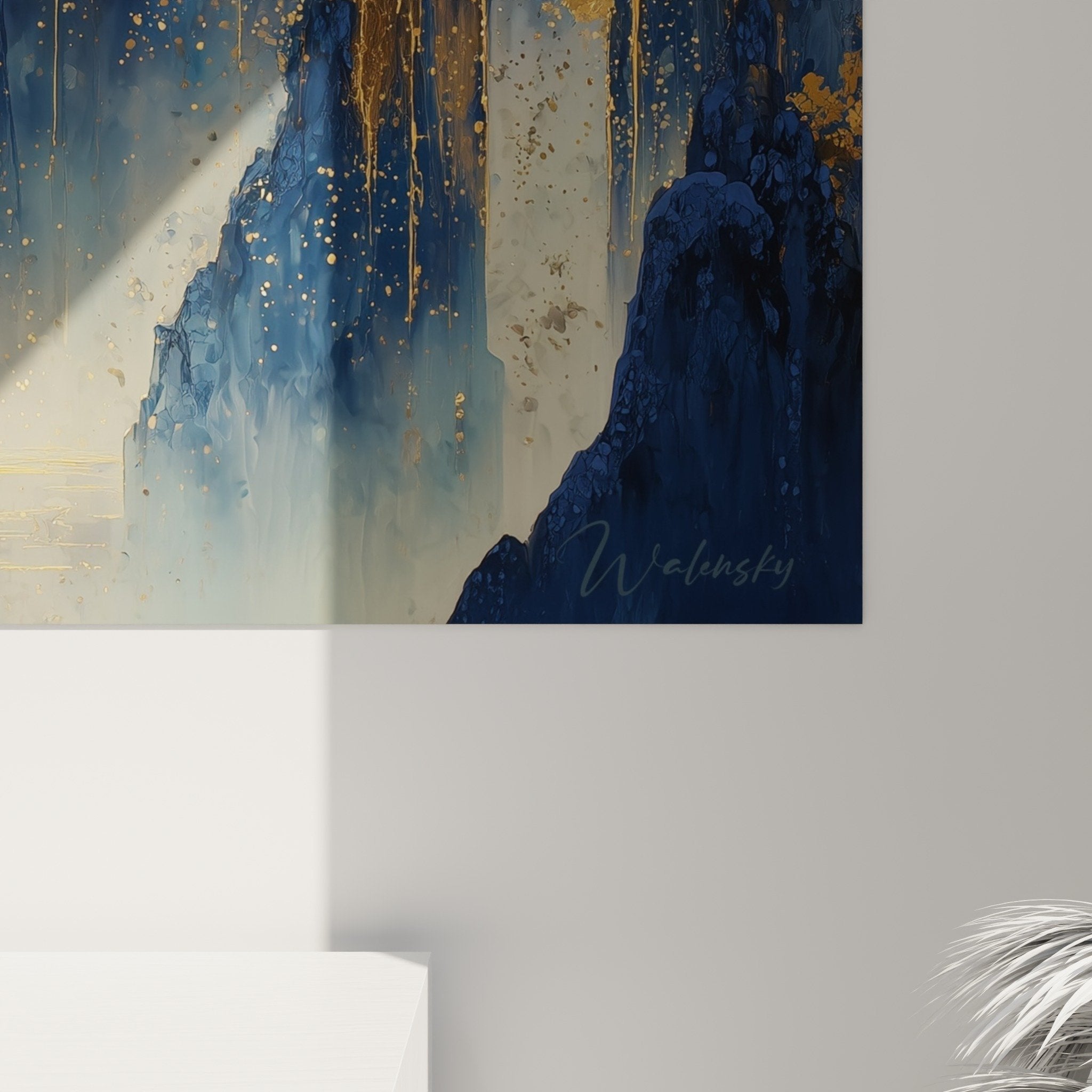 vue ensemble tableau paysage mystique bleu or cascade feng shui nord eau decoration interieur moderne