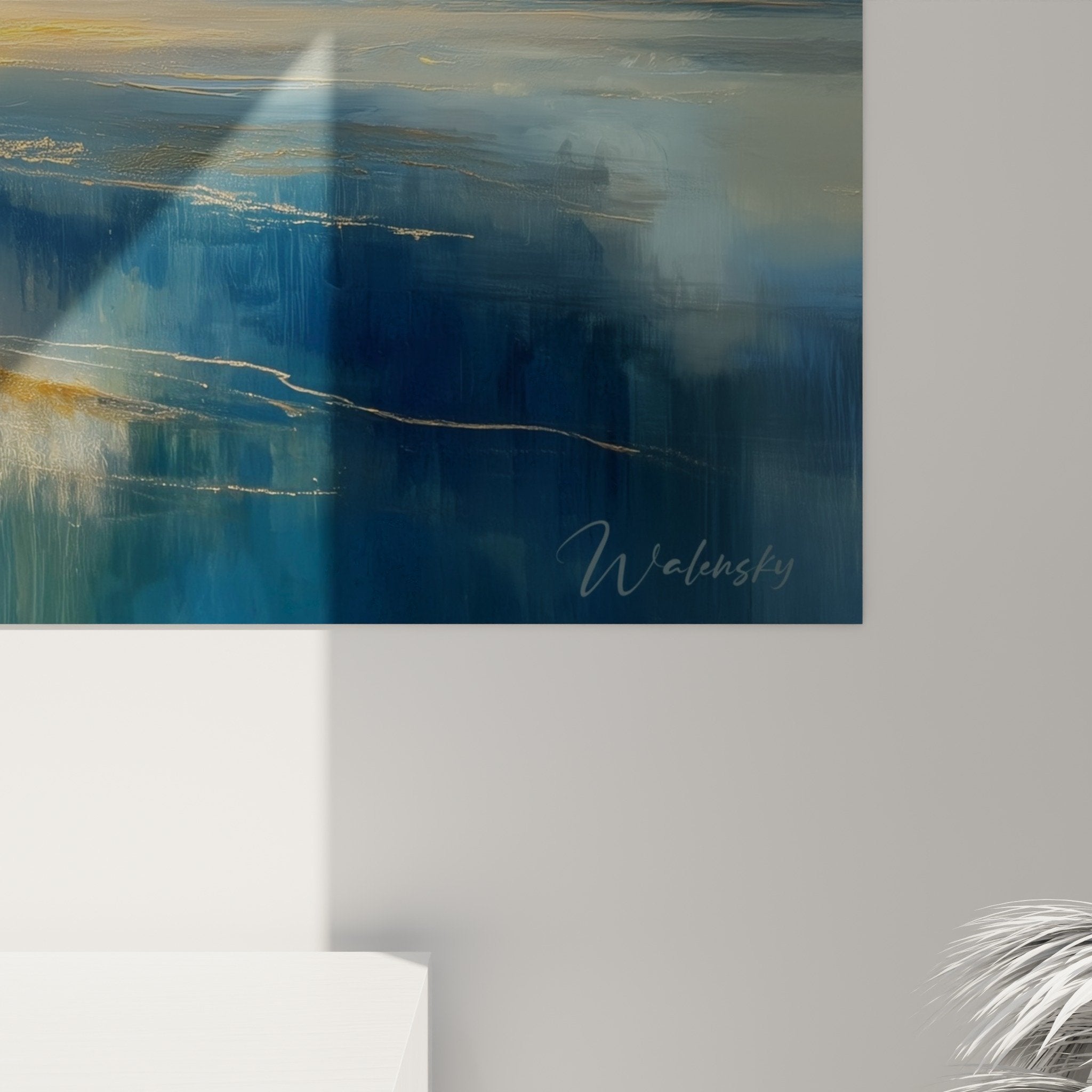 Vue ensemble tableau paysage marin bleu dore decoration murale feng shui nord eau ambiance sereine