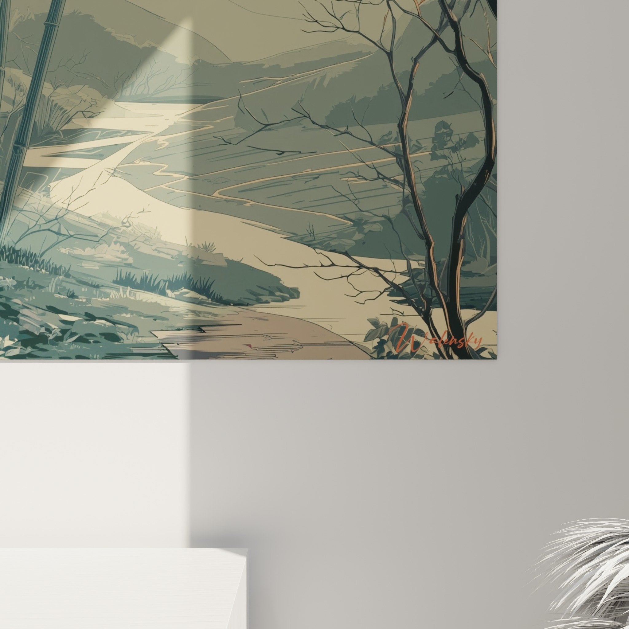 Vue ensemble tableau paysage japonais lanterne bambou cerisier montagne brume decoration interieur style oriental zen