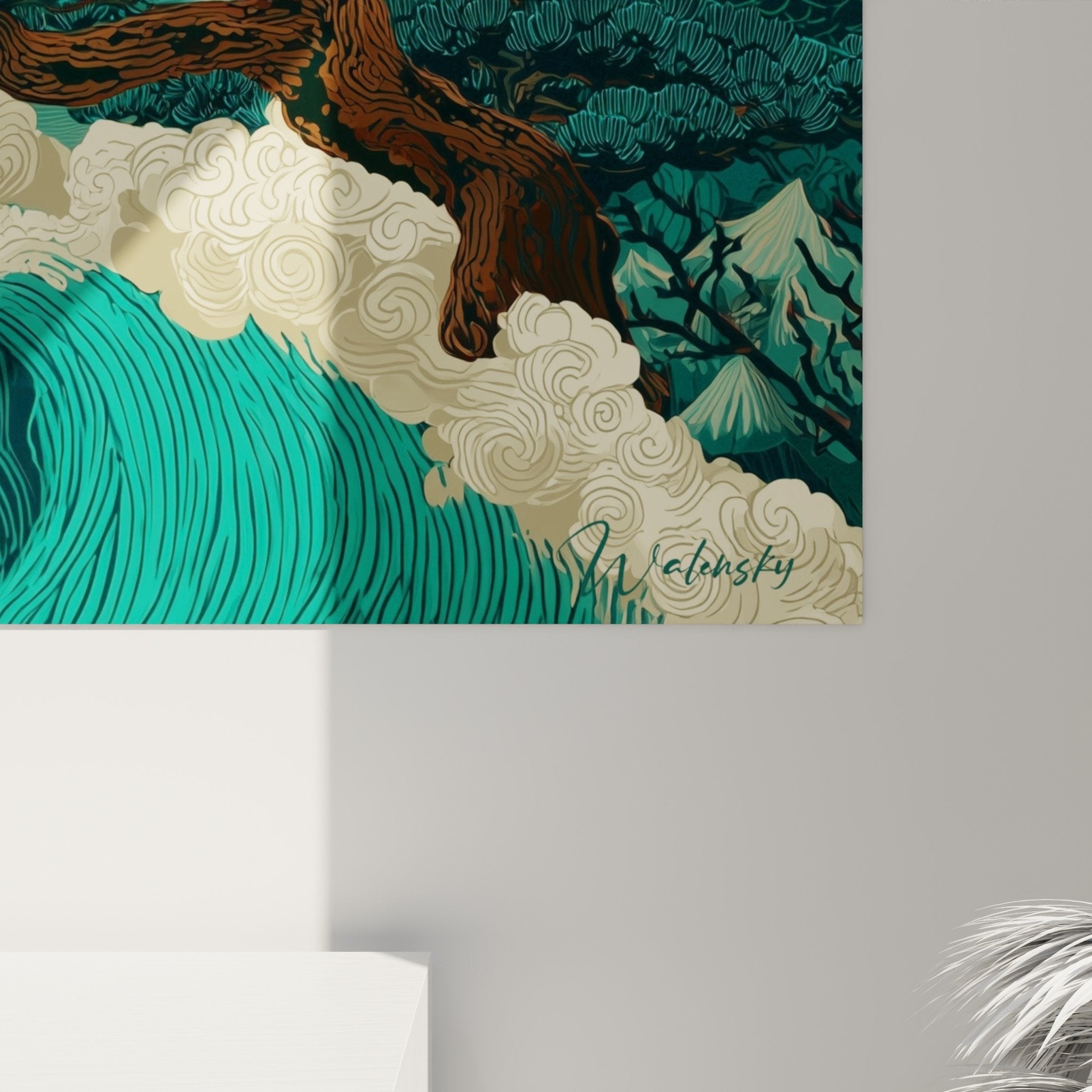 Gesamtansicht Landschaftsbild orientalischer Stil Wand Bäume Türkis goldene Wolken Dekoration Innenraum zen modern