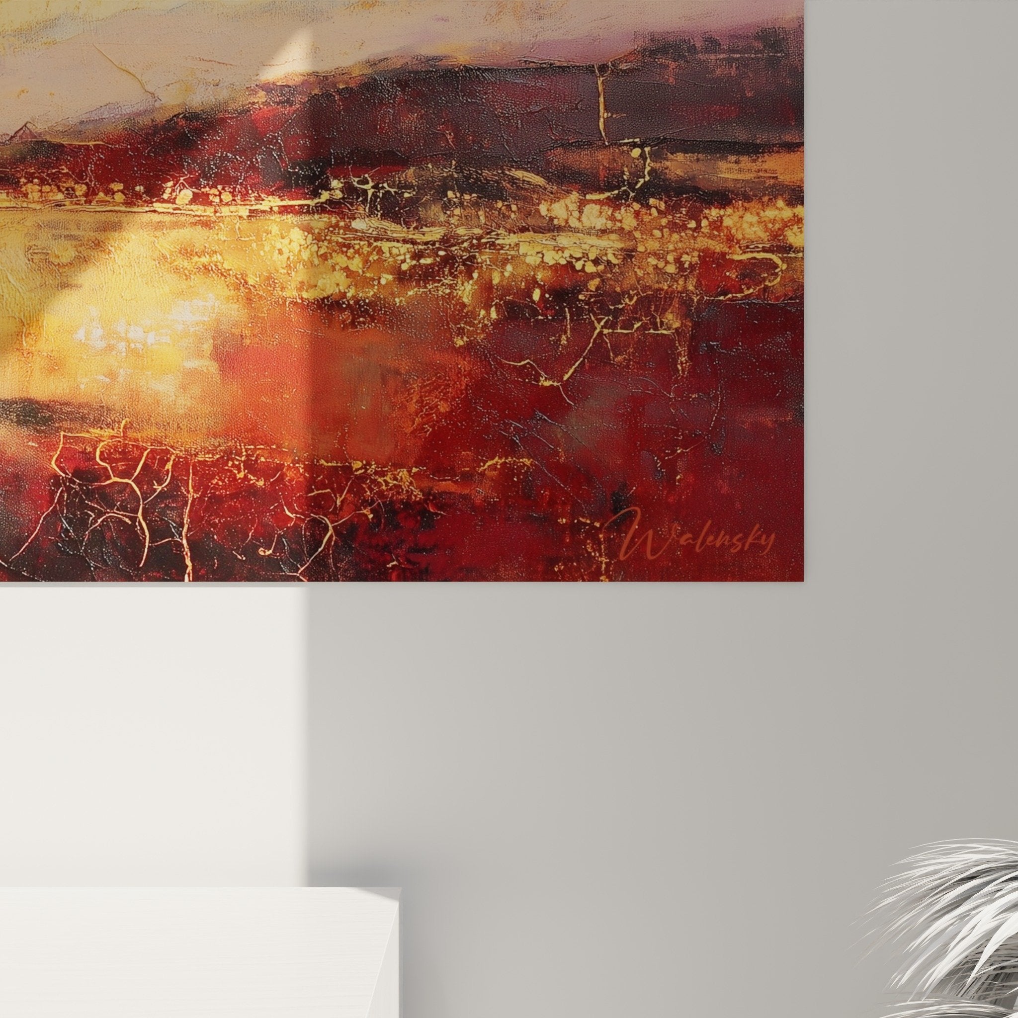 Abstract landscape painting red and gold wall art feng shui south fire decor