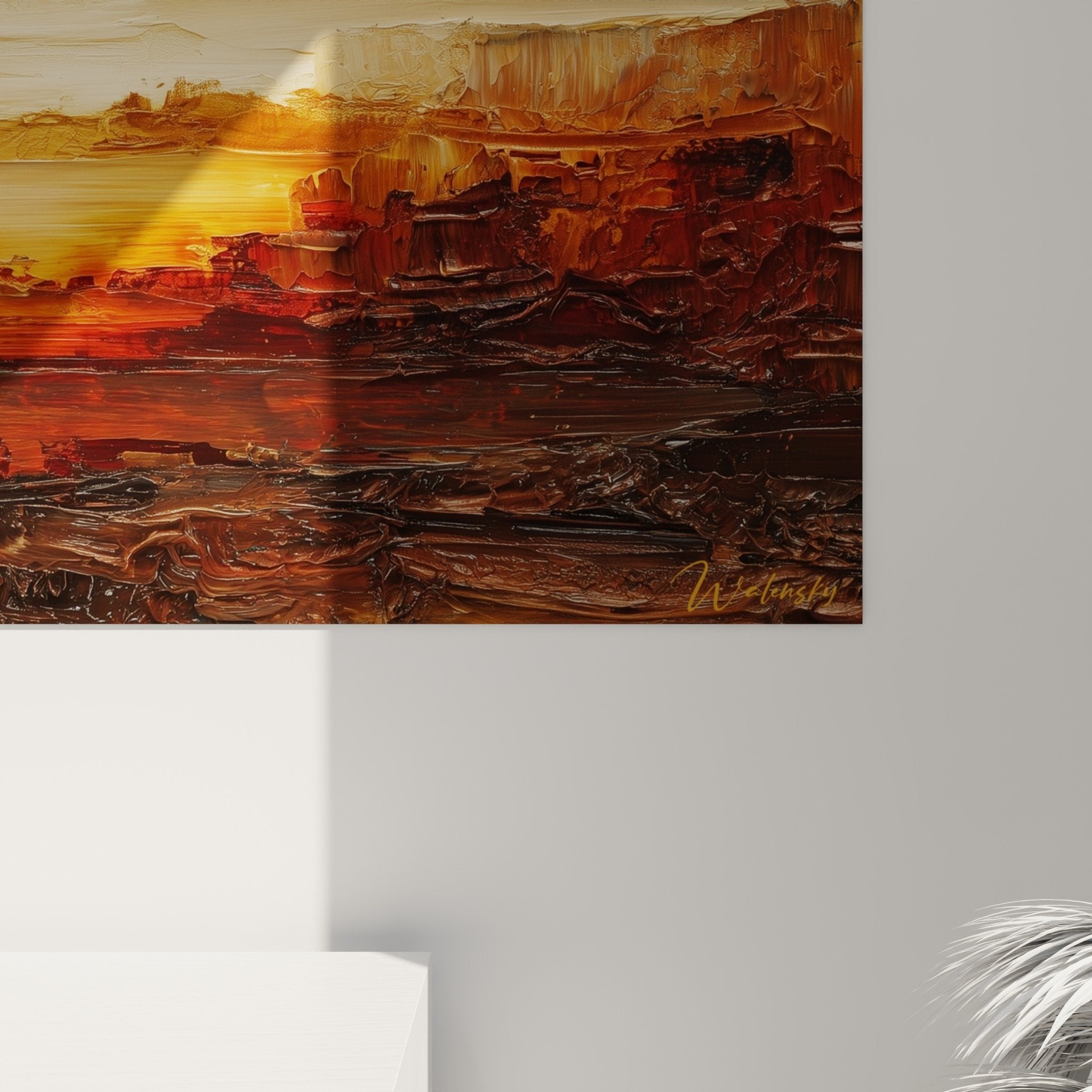 Vue ensemble tableau paysage abstrait tons terreux ocre beige feng shui centre terre mur blanc