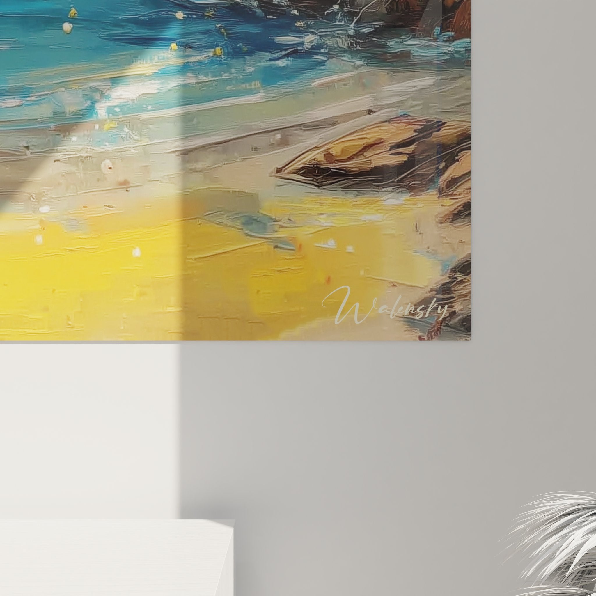 Vue ensemble tableau mural paysage côtier tropical, décoration exotique palmiers et océan