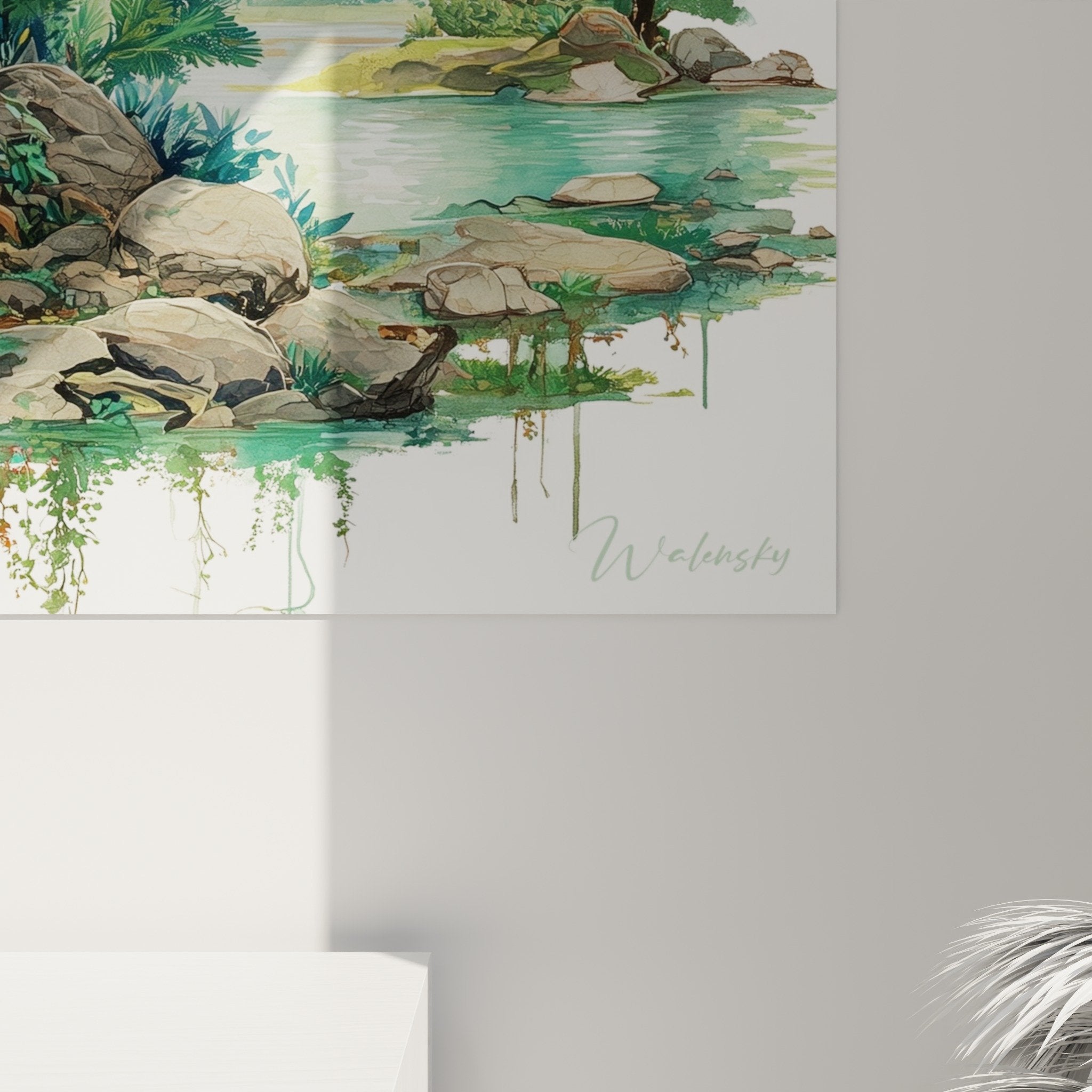 Full view zen landscape painting willow pine temple mountain wall art turquoise pagoda oriental