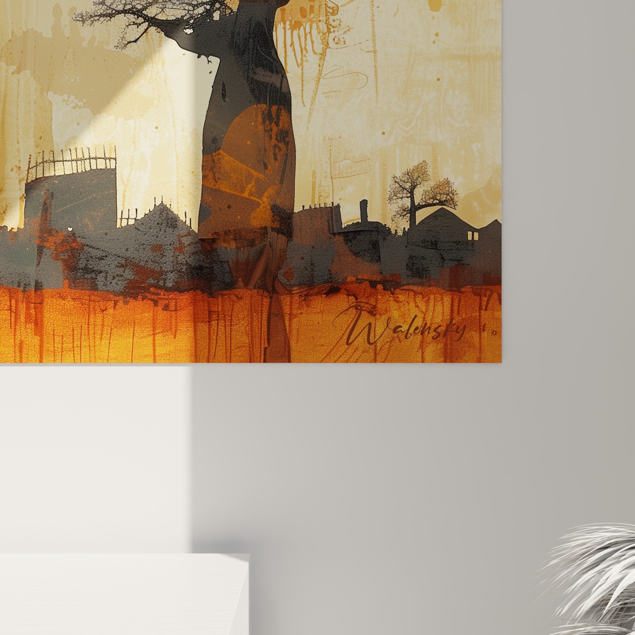 Vue tableau mural savane africaine baobabs coucher soleil orange décoration ethnique