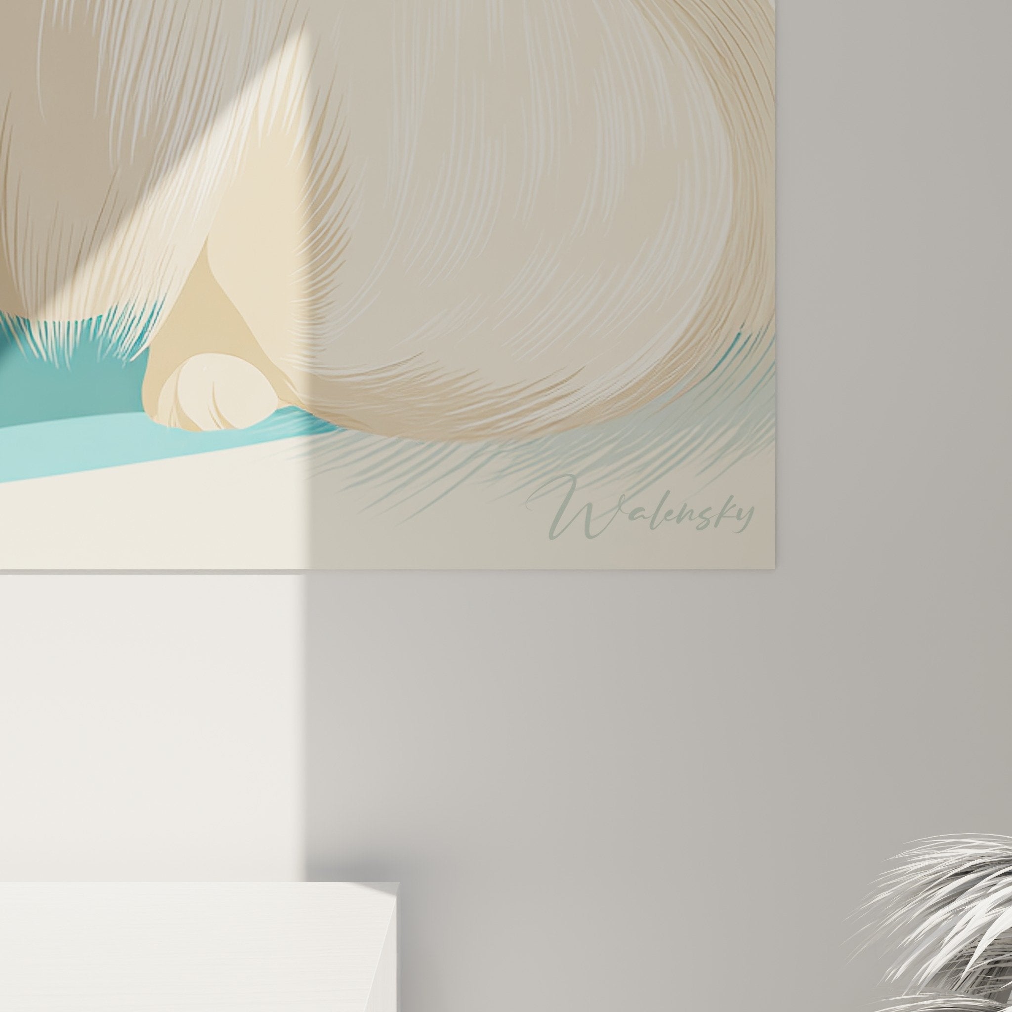 Vue ensemble tableau Pékinois décoration intérieur moderne art mural chien blanc