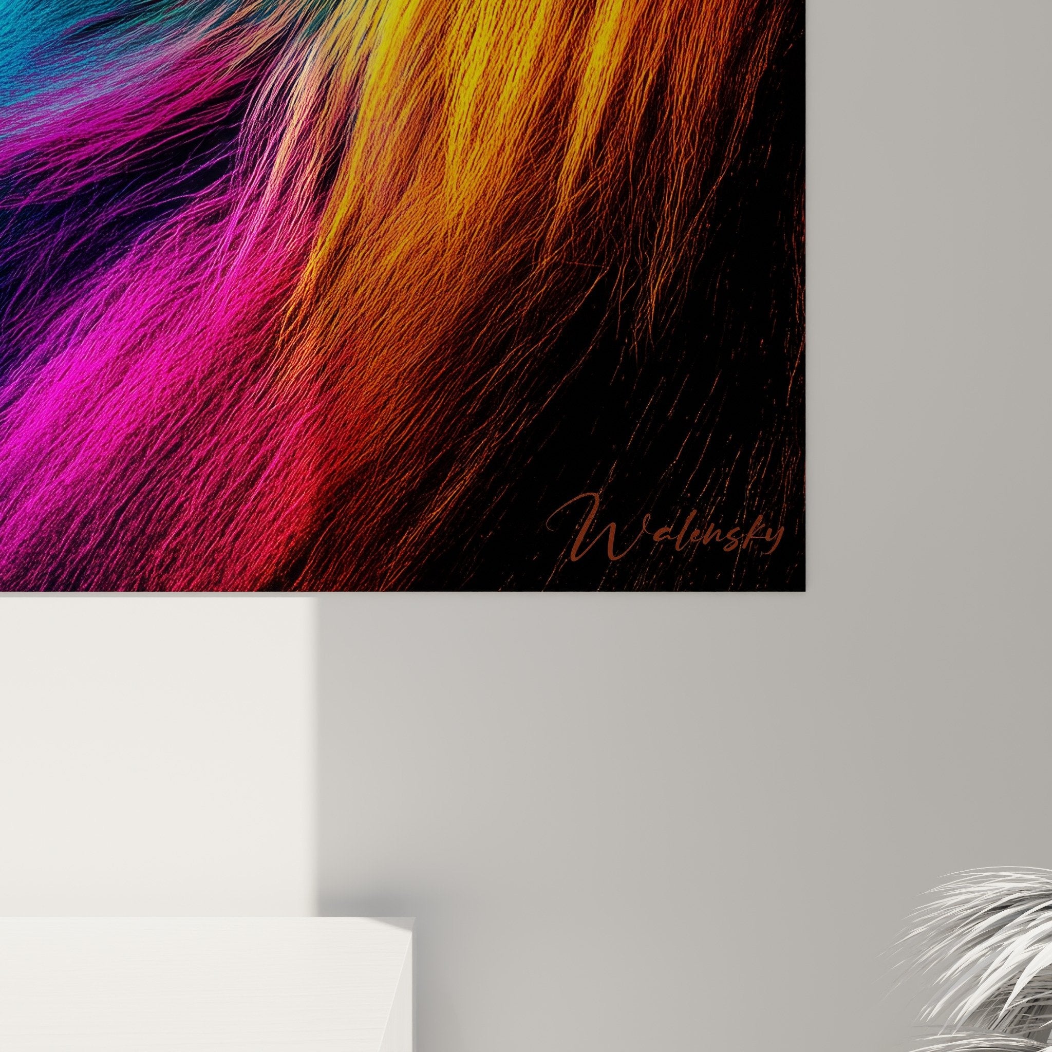 Vue ensemble tableau Pékinois rainbow art mural salon décoration intérieure moderne