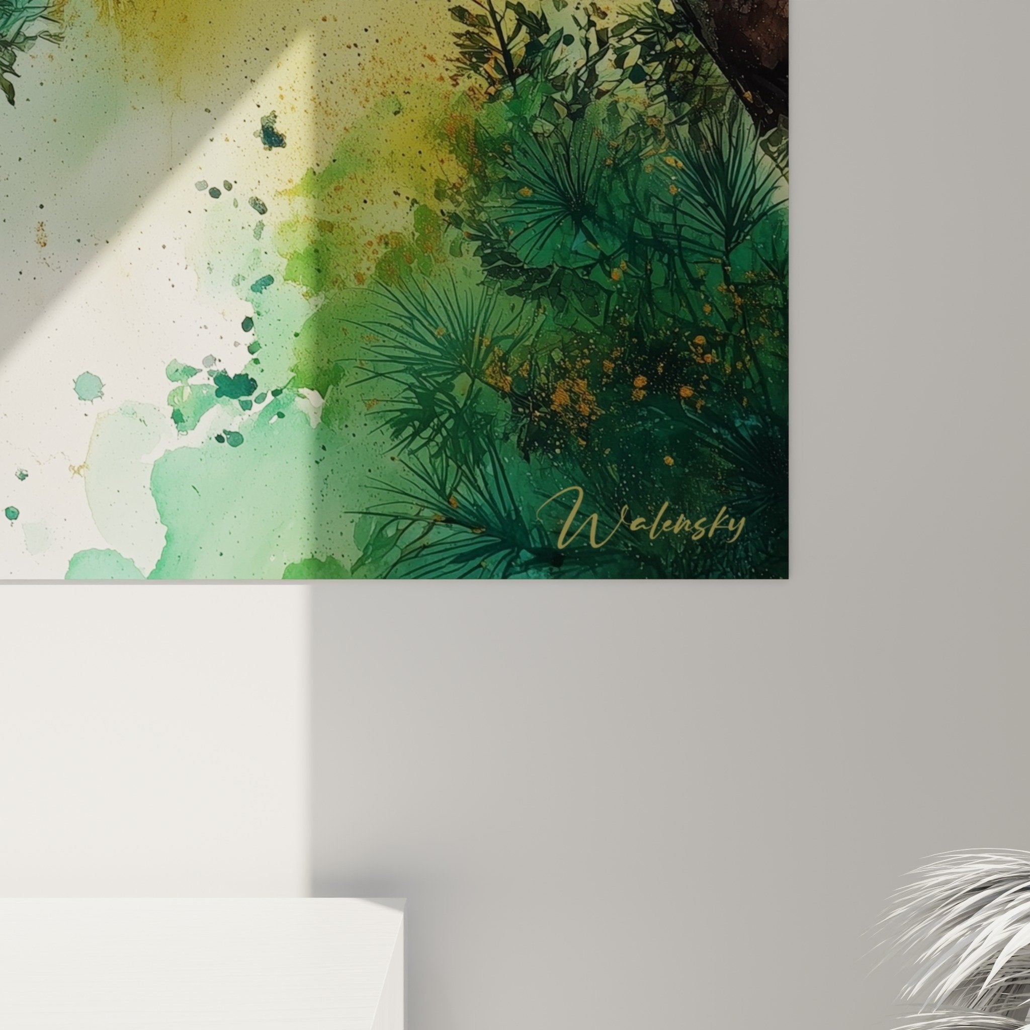 Vue ensemble tableau pin feng shui, nuances vertes et ocre, décoration murale zen et naturelle