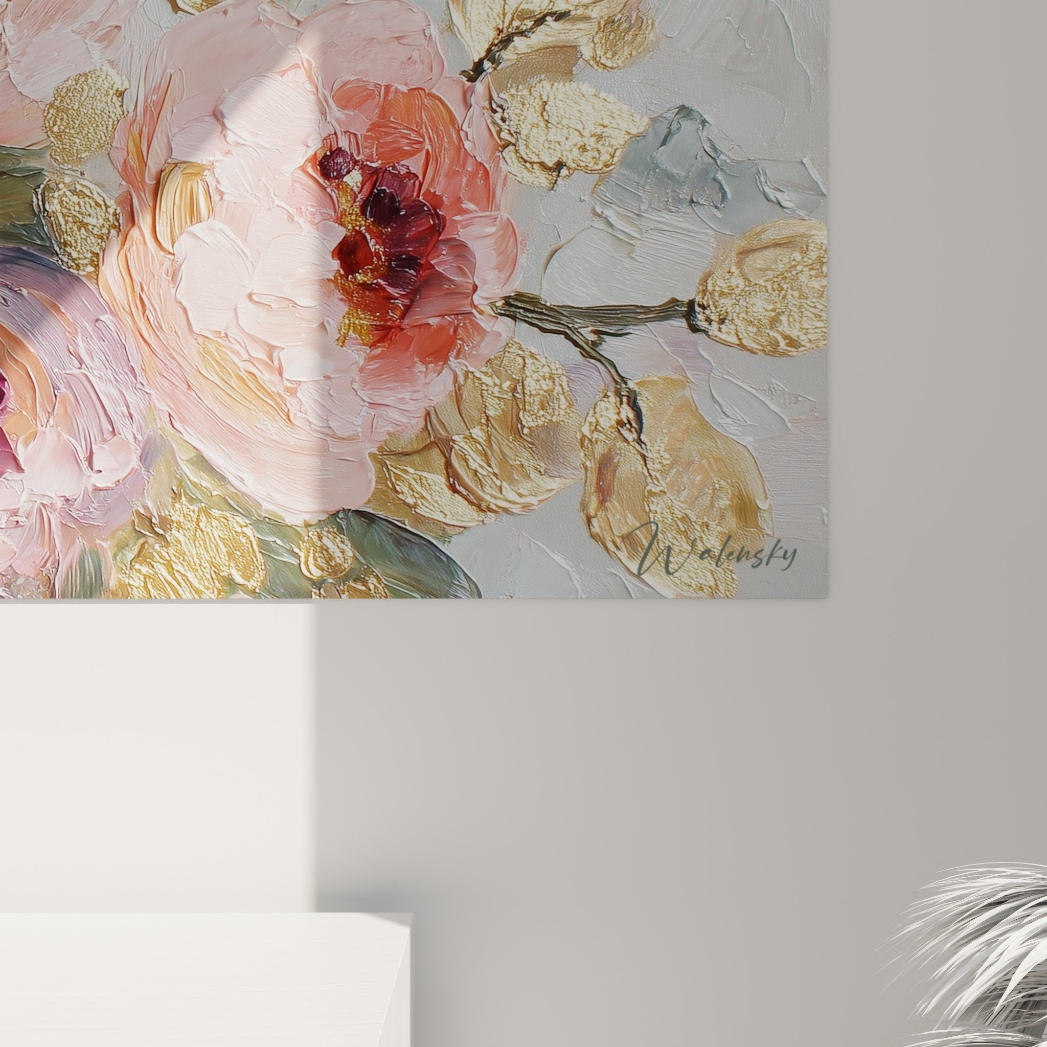 Vue ensemble tableau pivoines roses feng shui sud-ouest terre decoration interieur moderne