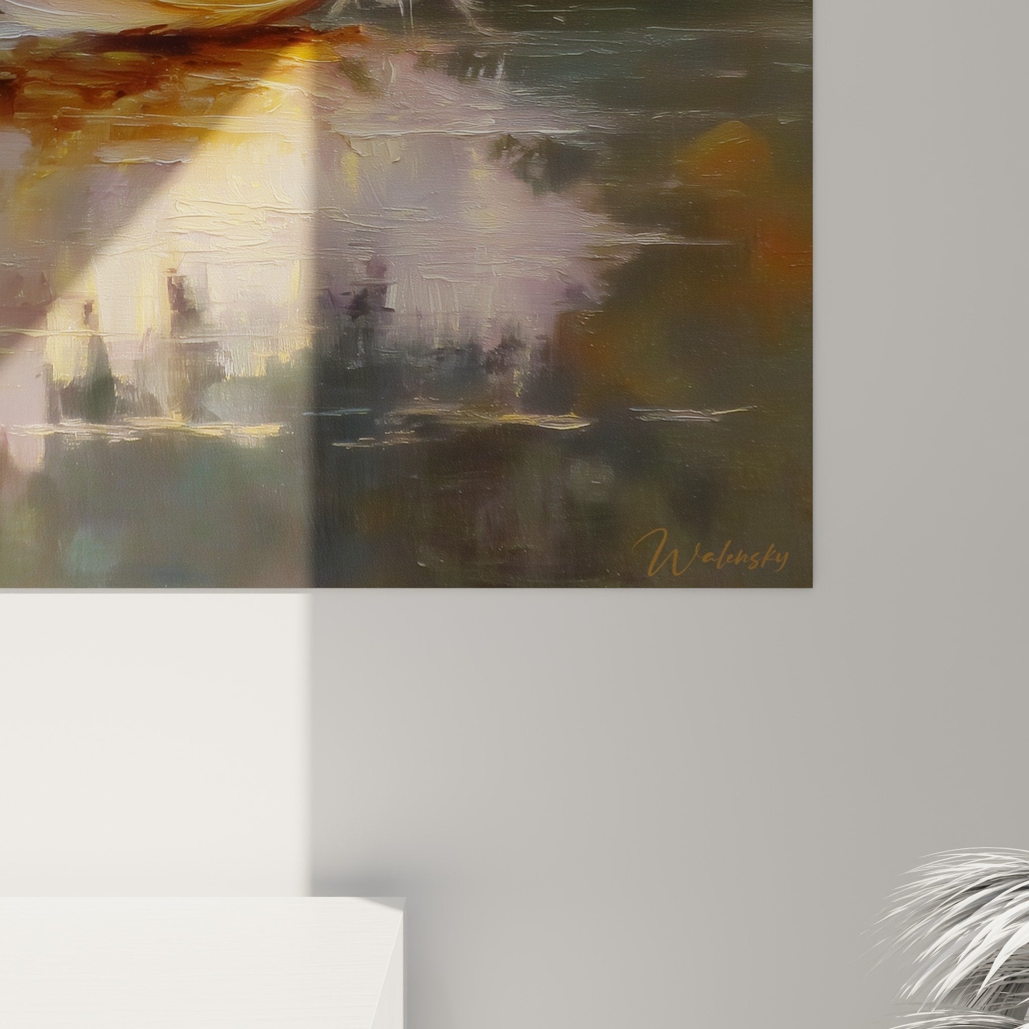 Overall view white floating feather artwork poetic composition soft tones luminous reflections wall decoration