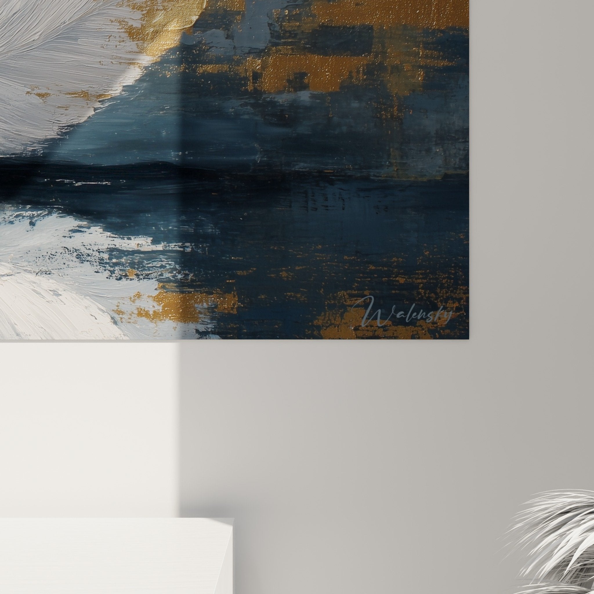 Full view feather reflected wall art horizontal decor blue-gray white gold