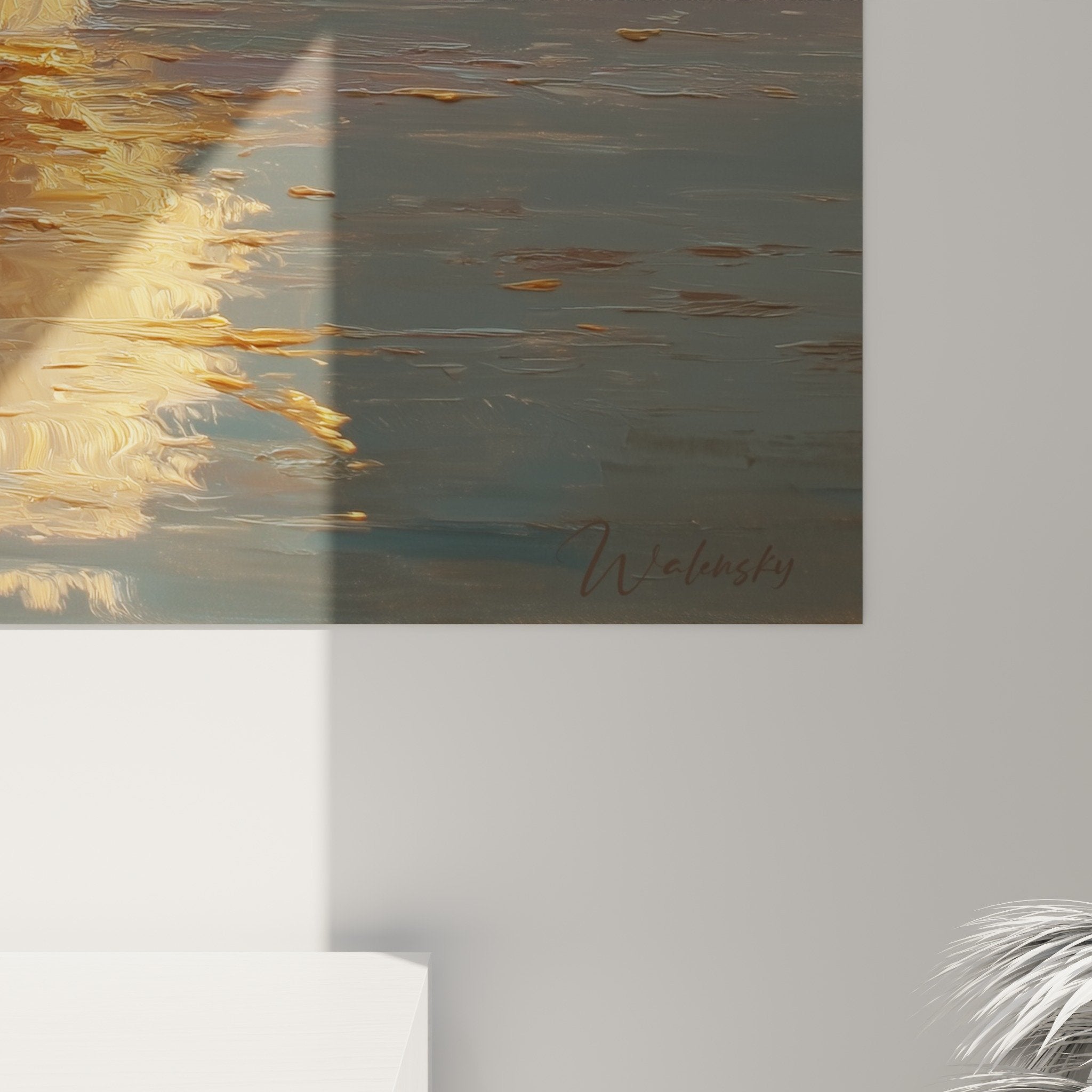 Vue ensemble tableau plume aquatique salon moderne decoration zen tons chauds ambiance sereine