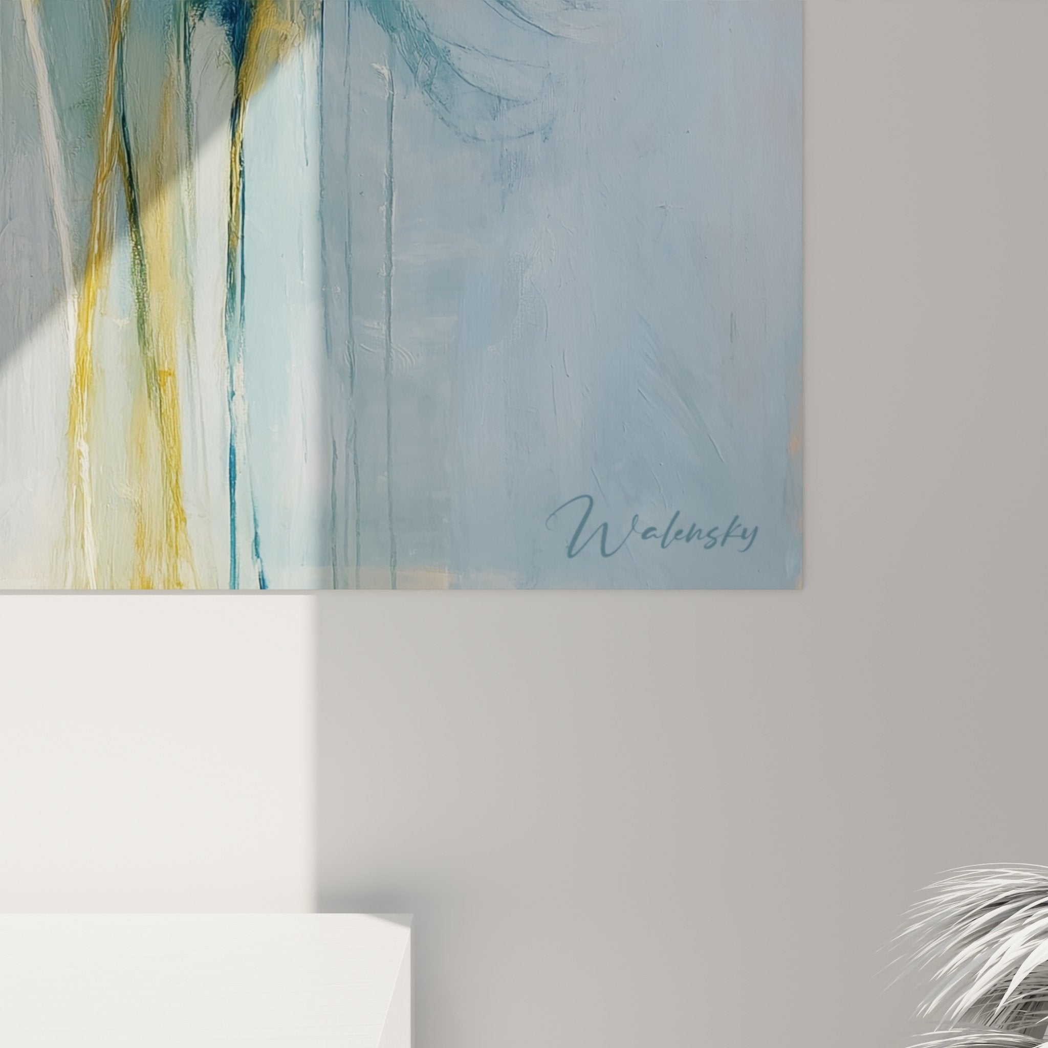 Colorful feathers wall art overall view harmonious composition blue gold modern interior decoration