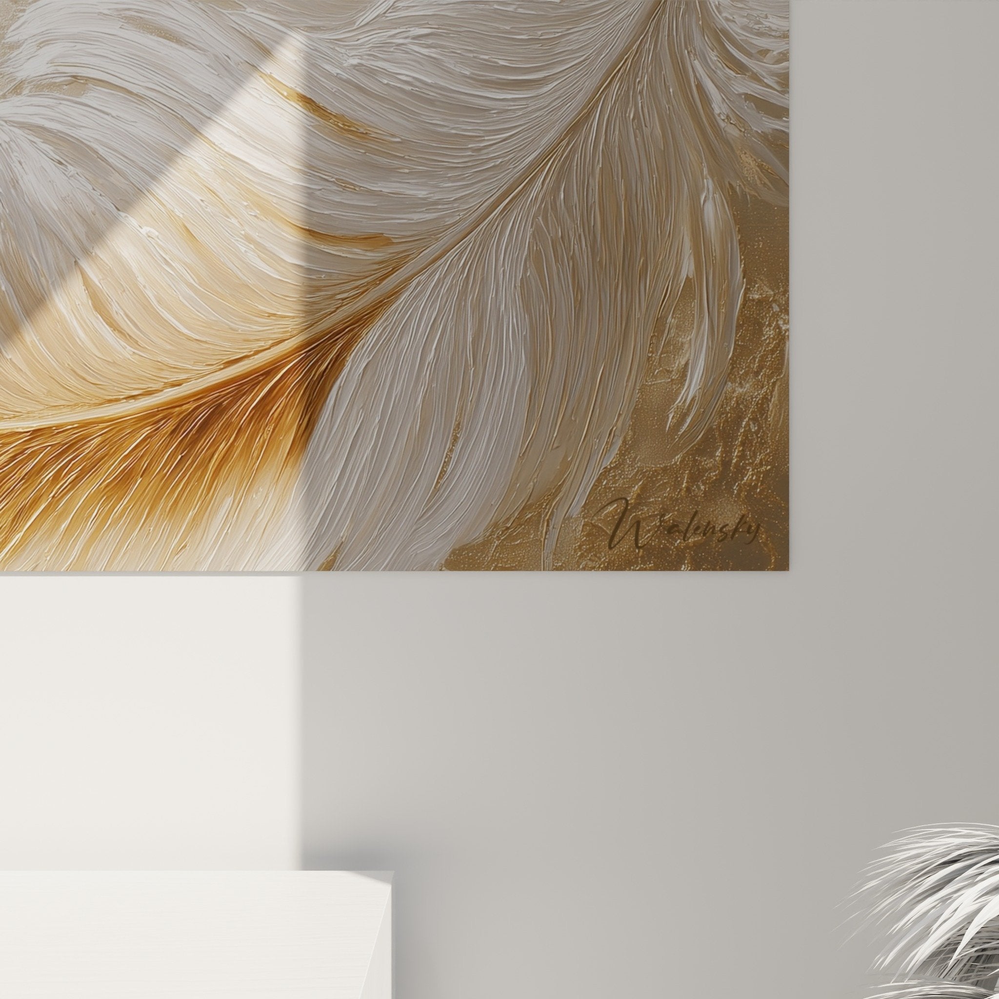 Vue perspective tableau plumes ondoyantes beiges blanches salon moderne édition plume