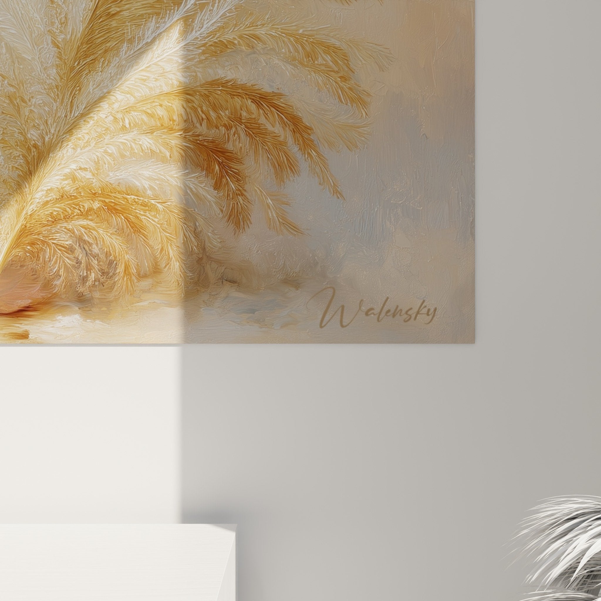 Overall view three feathers artwork natural tones beige gold white wall decoration