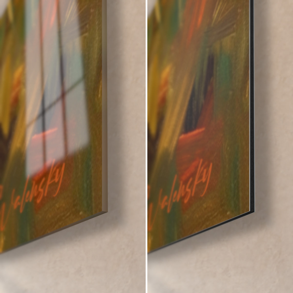 Πίνακας Χαμογελαστό κόκκινο και λευκό σκυλί, κάτω δεξιά γωνία, γυαλί με αντανακλάσεις αριστερά, ματ Dibond δεξιά, πάχος 3 mm